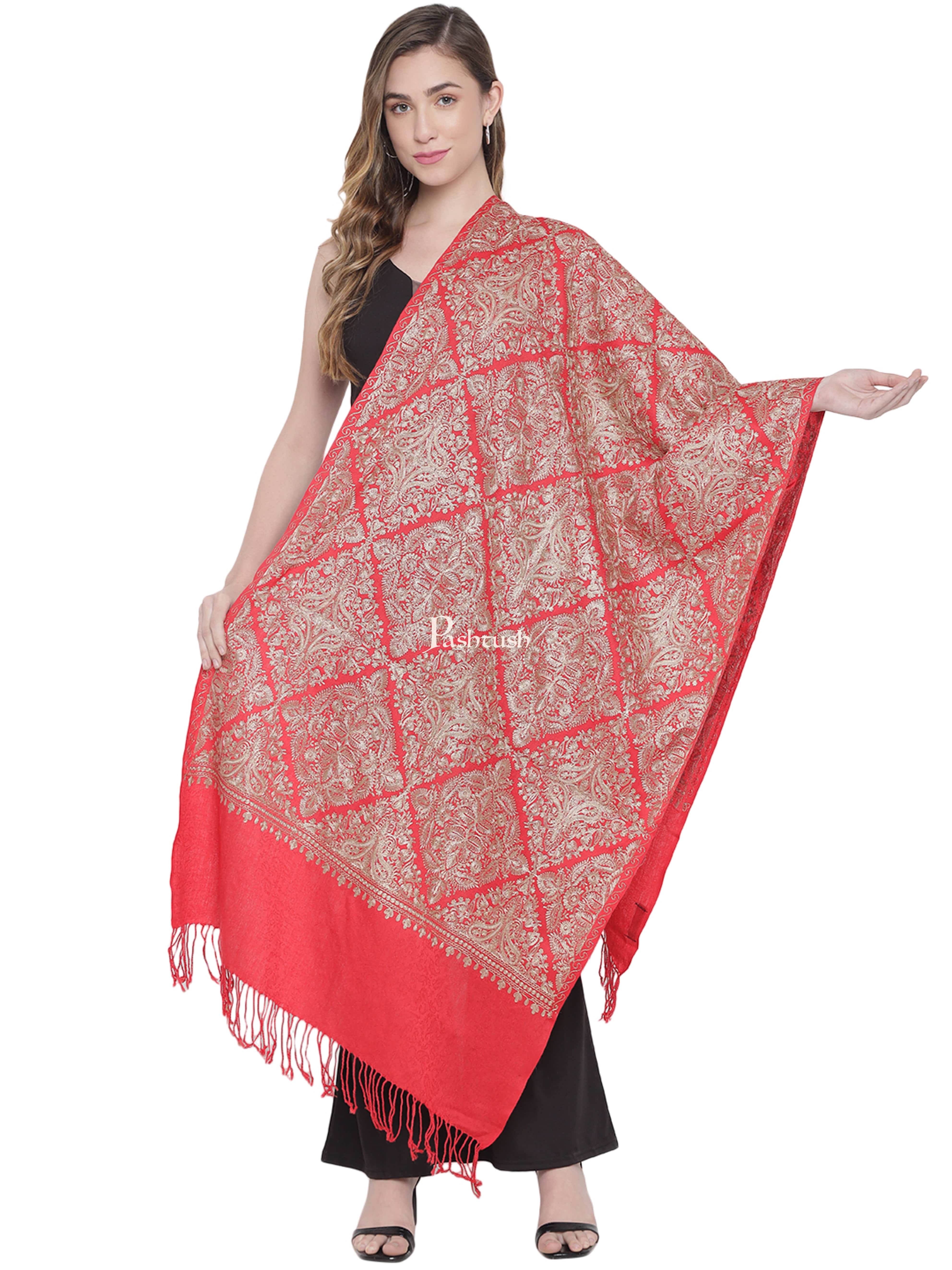 Pashtush Womens Woollen Stole, Silky Nalki Embroidery Needlework Stole, red - Image 3