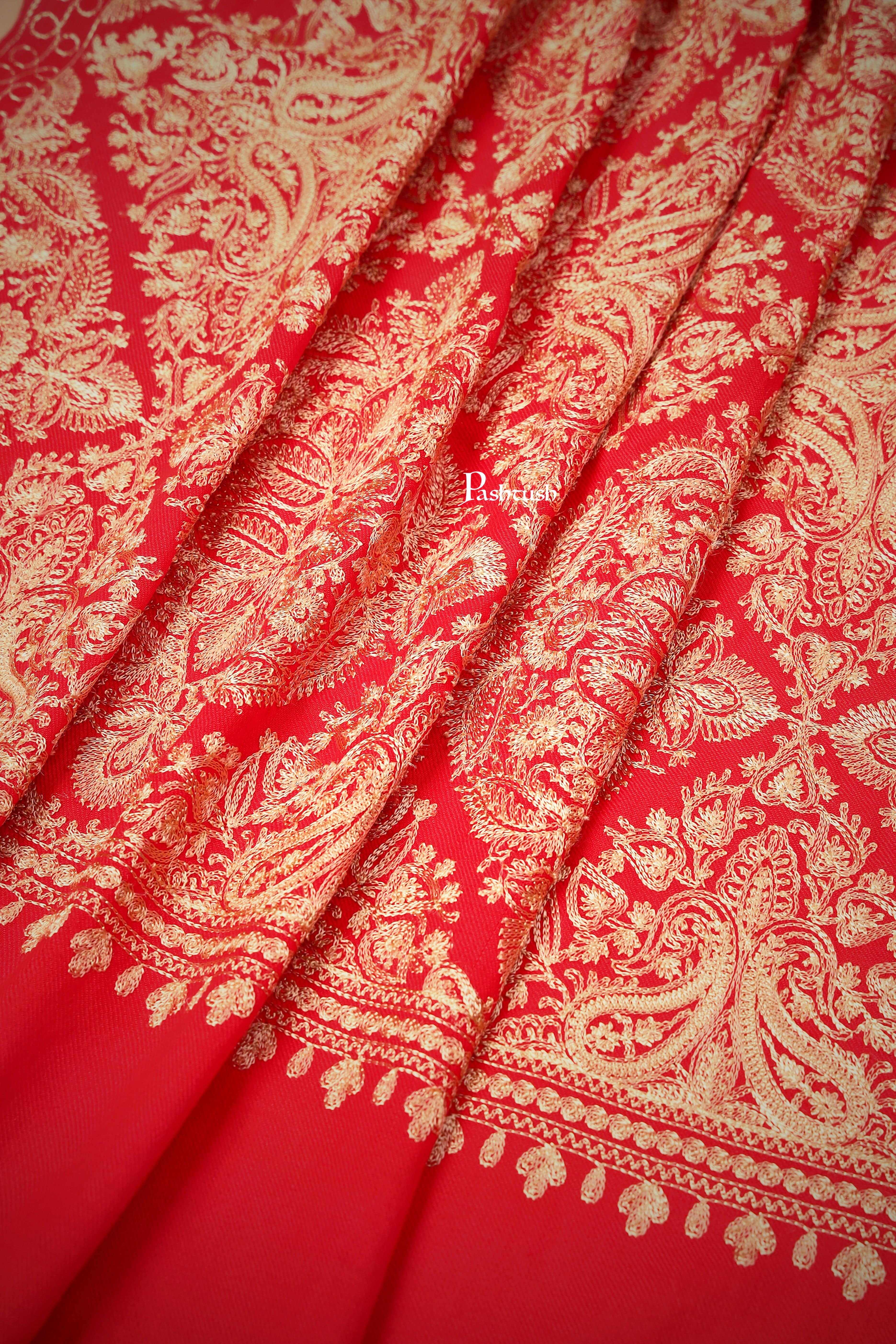 Pashtush Womens Woollen Stole, Silky Nalki Embroidery Needlework Stole, Red - Image 2