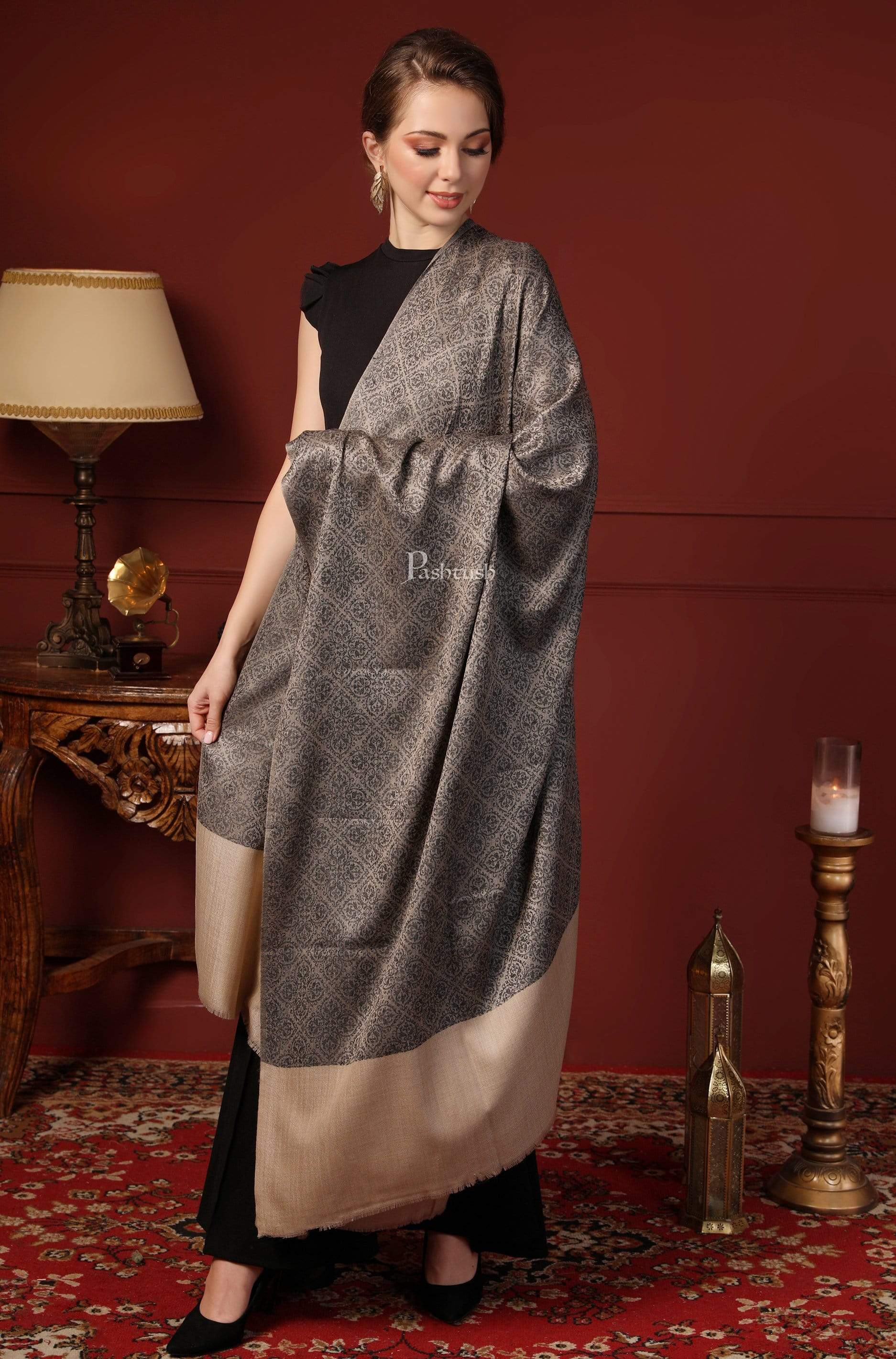 Pashtush Womens Woven Paisley, Self Shawl, In Extra Soft Fine Wool, Large Wrap Size Black - Image 3