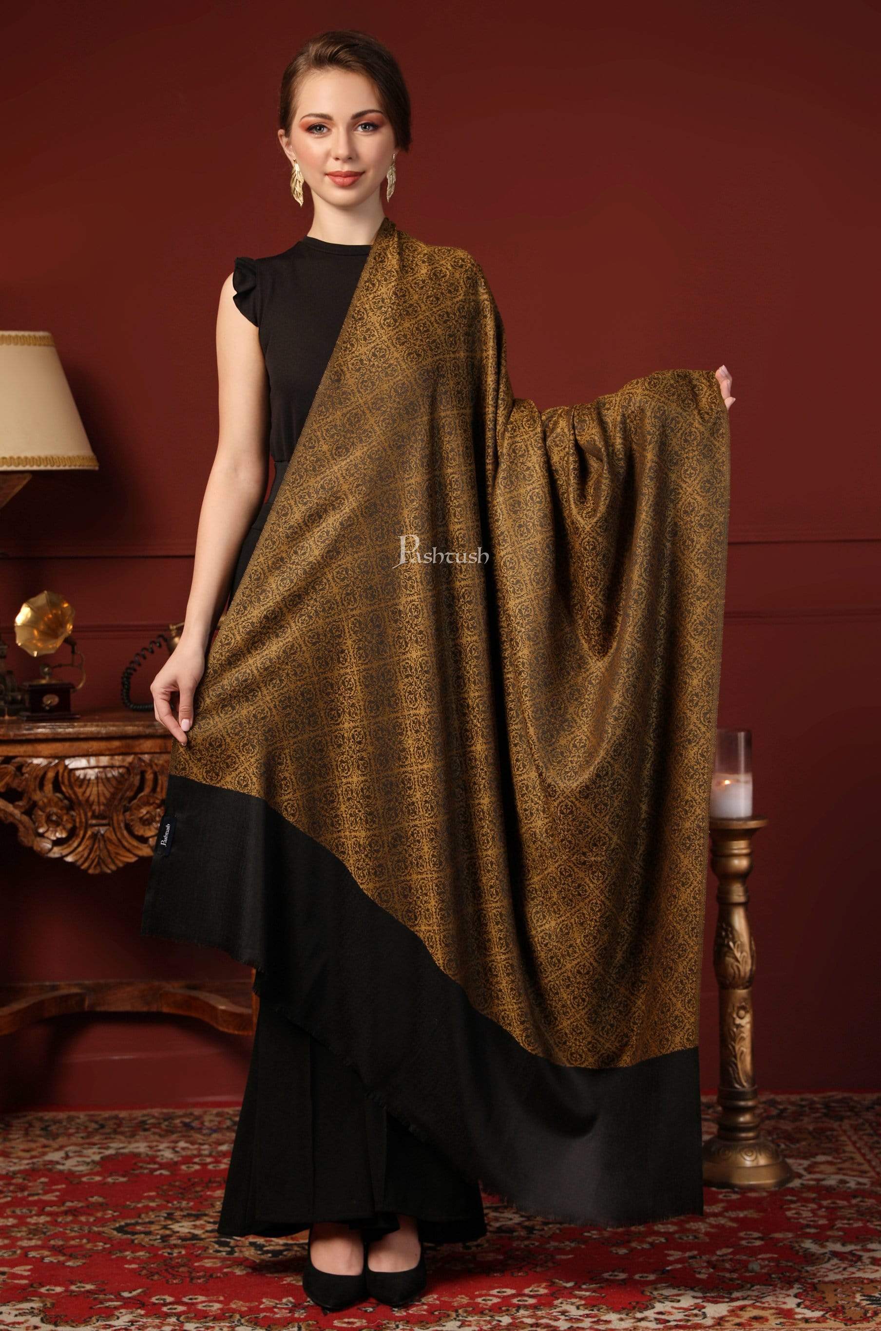 Pashtush Womens Woven Paisley, Self Shawl, In Extra Soft Fine Wool, Large Wrap Size Gold - Image 3