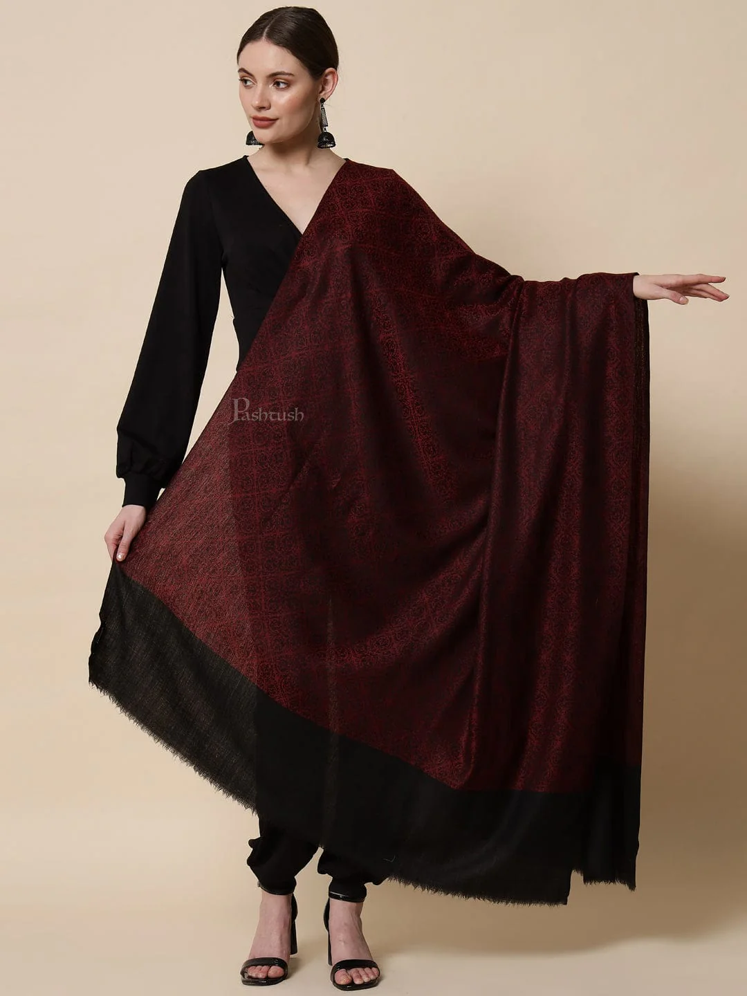 Pashtush Womens Woven Paisley, Self Shawl, In Extra Soft Fine Wool, Large Wrap Size, Black - Image 3