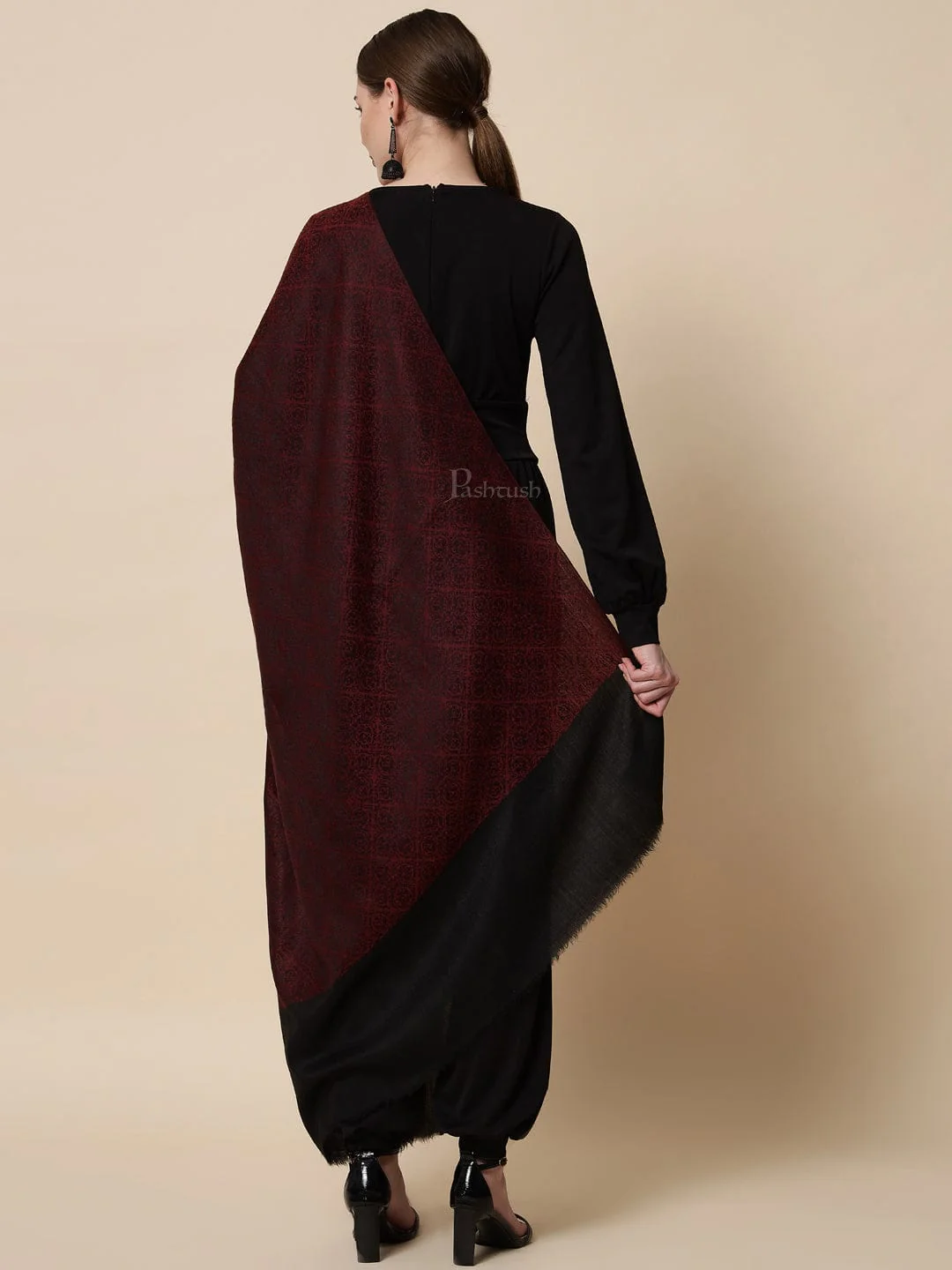 Pashtush Womens Woven Paisley, Self Shawl, In Extra Soft Fine Wool, Large Wrap Size, Black - Image 6