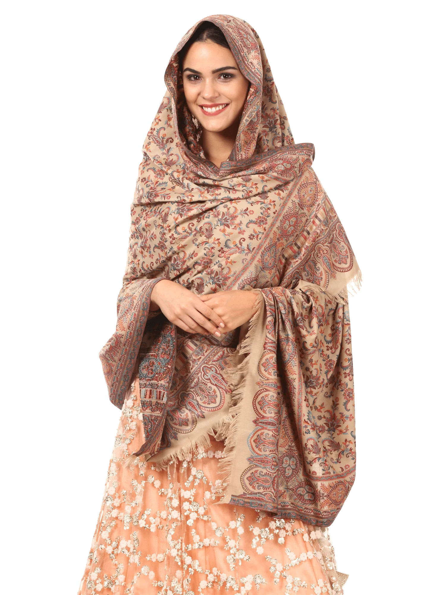 Pashtush Womens Faux Pashmina, Ethnic Weave Shawl, Beige - Image 4