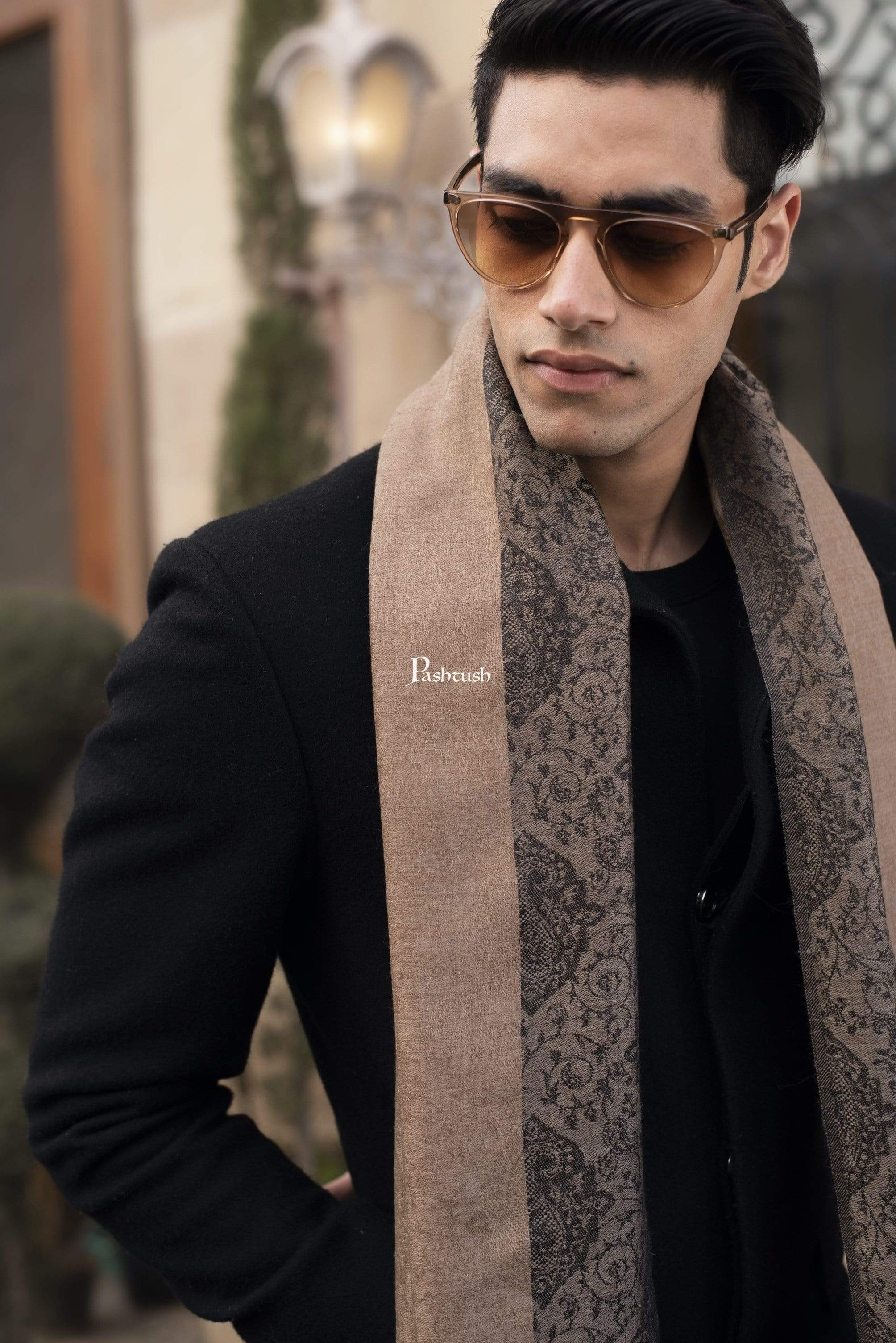 Pashtush Woven Mens Fine Wool Stole, Jacquard Weave, Muffler, Warm Cashmere Feel Light Beige - Image 3
