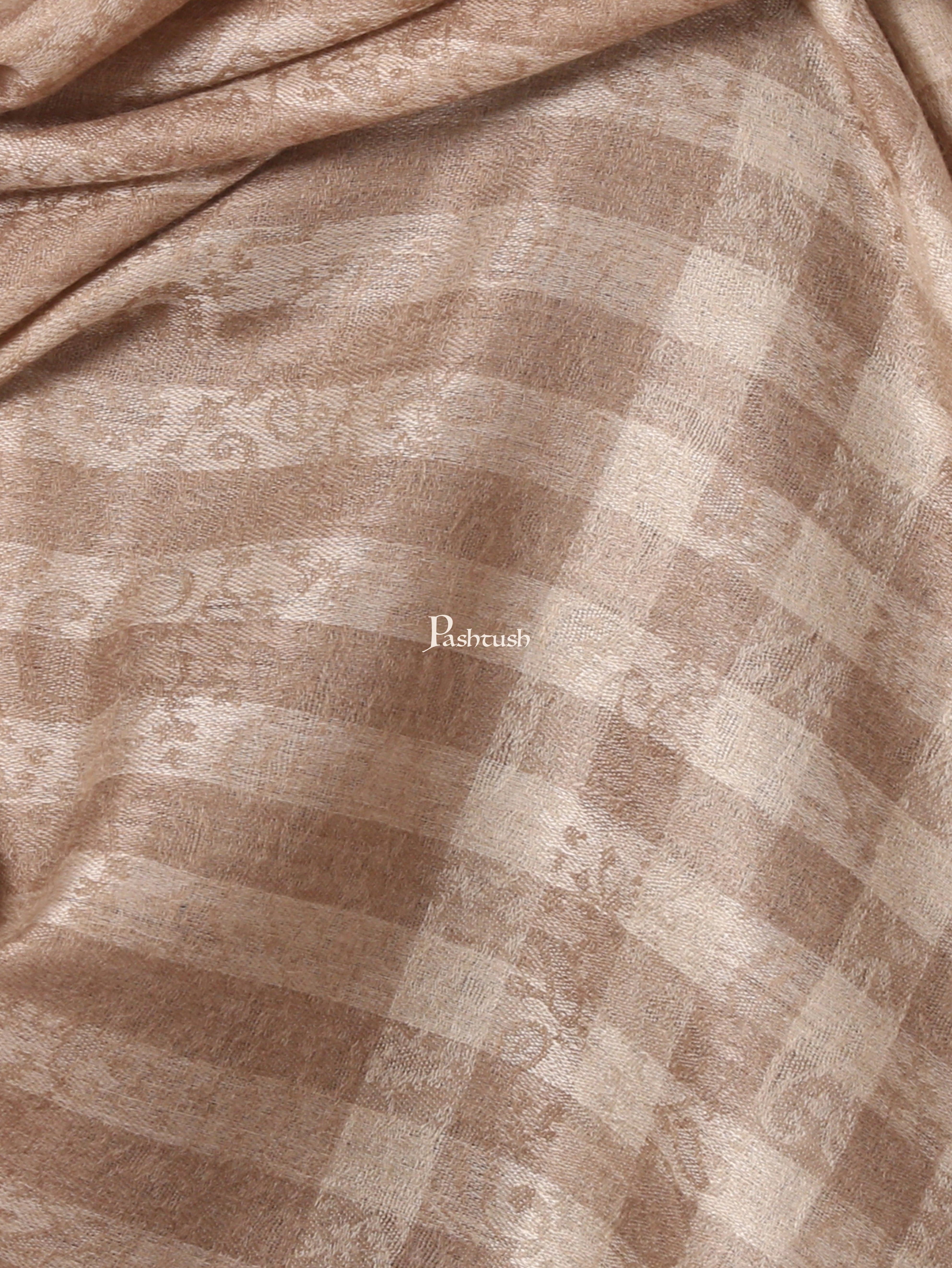 Pashtush Woven Mens Fine Wool Stole, Check-Stipe Design, Taupe - Image 2