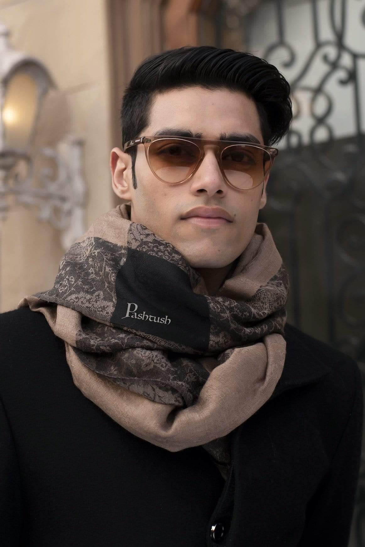 Pashtush Woven Mens Fine Wool Stole, Jacquard Weave, Muffler, Warm Cashmere Feel Light Beige - Image 4