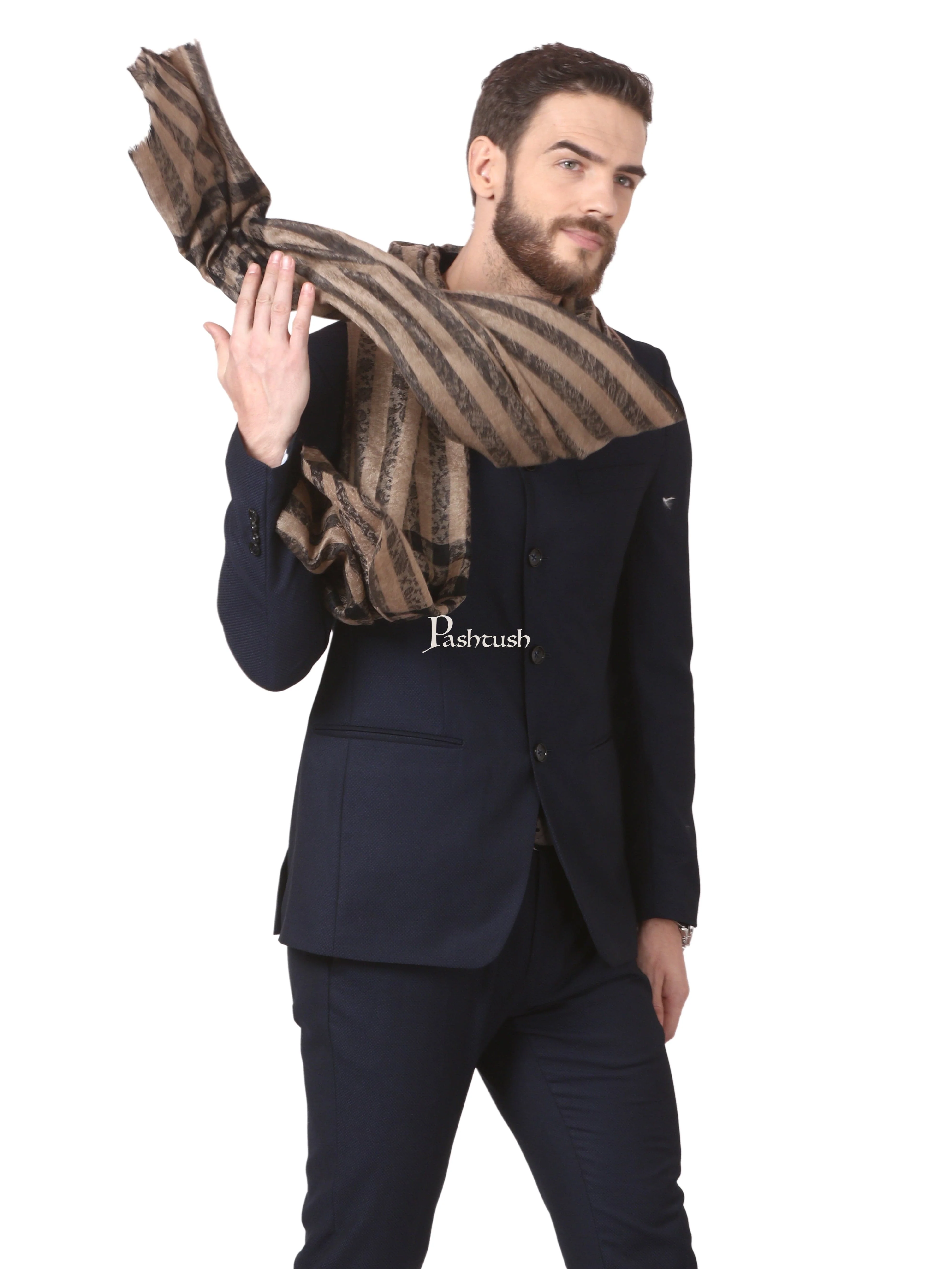 Pashtush Woven Mens Stole, Check-Stripe Design, Mens Muffler, Warm Cashmere Feel (Black) - Image 6