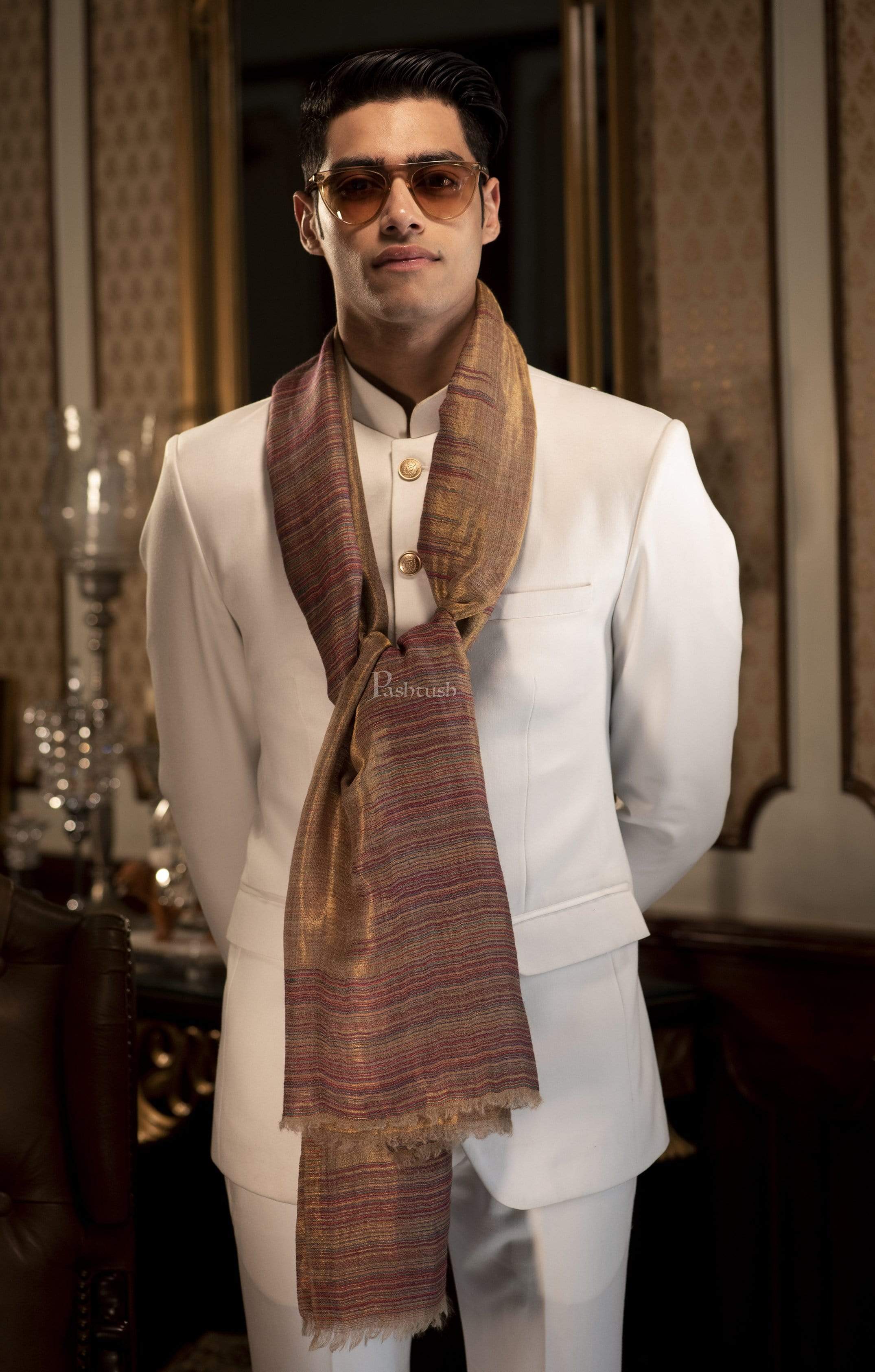 Pashtush Mens Scarf With Shimmery Zari Thread Weave - Image 6