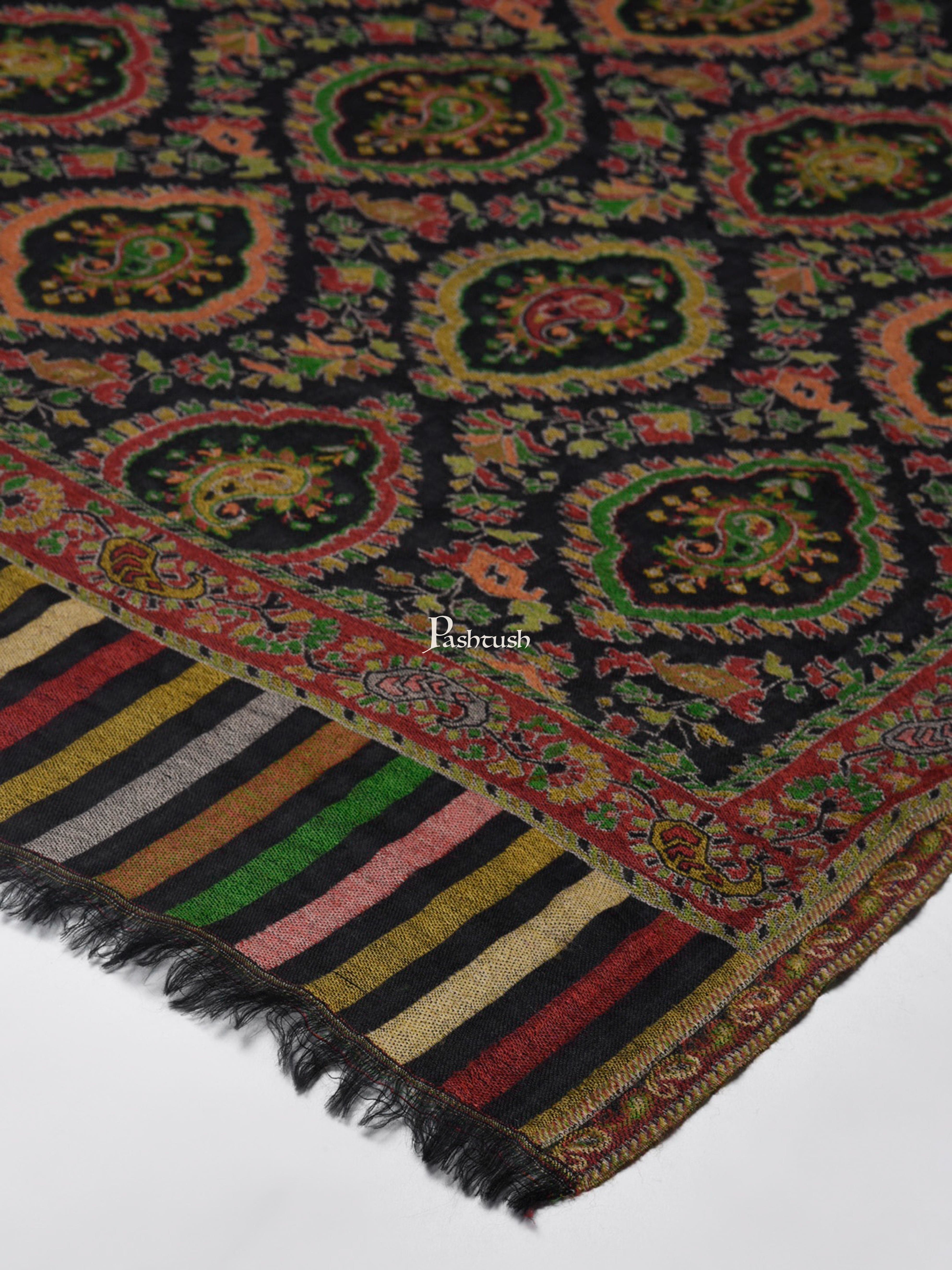 Pashtush Womens Ethnic Weave Shawl, Pure Wool With Woolmark Certificate, Black - Image 2