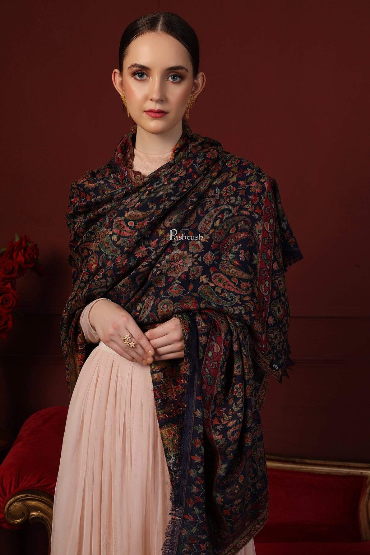 Pashtush Womens Faux Pashmina, Ethnic Weave Shawl, Navy Blue - Image 4