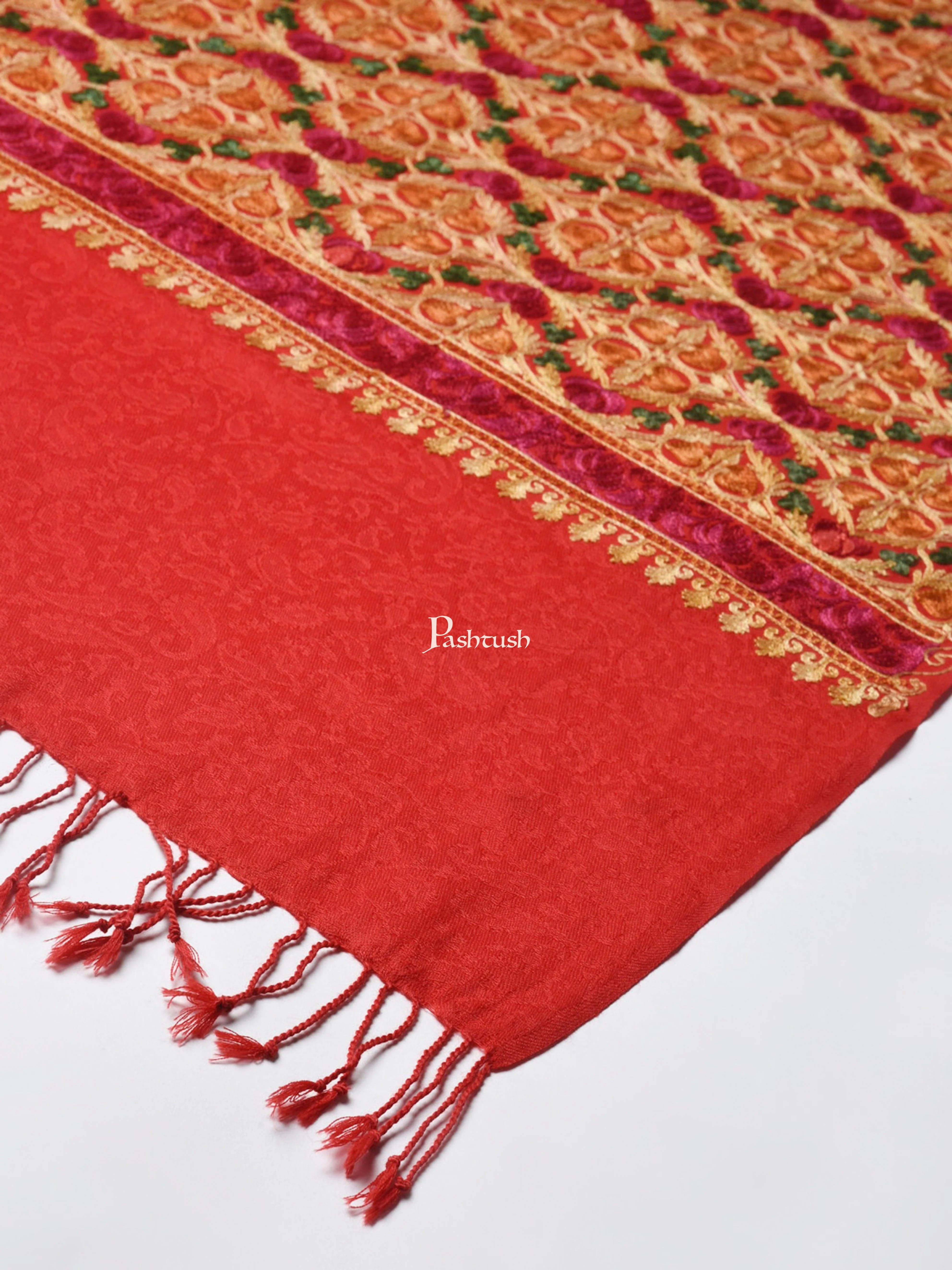 Pashtush Womens Fine Wool Stole With Nalki Embroidery, Red - Image 2