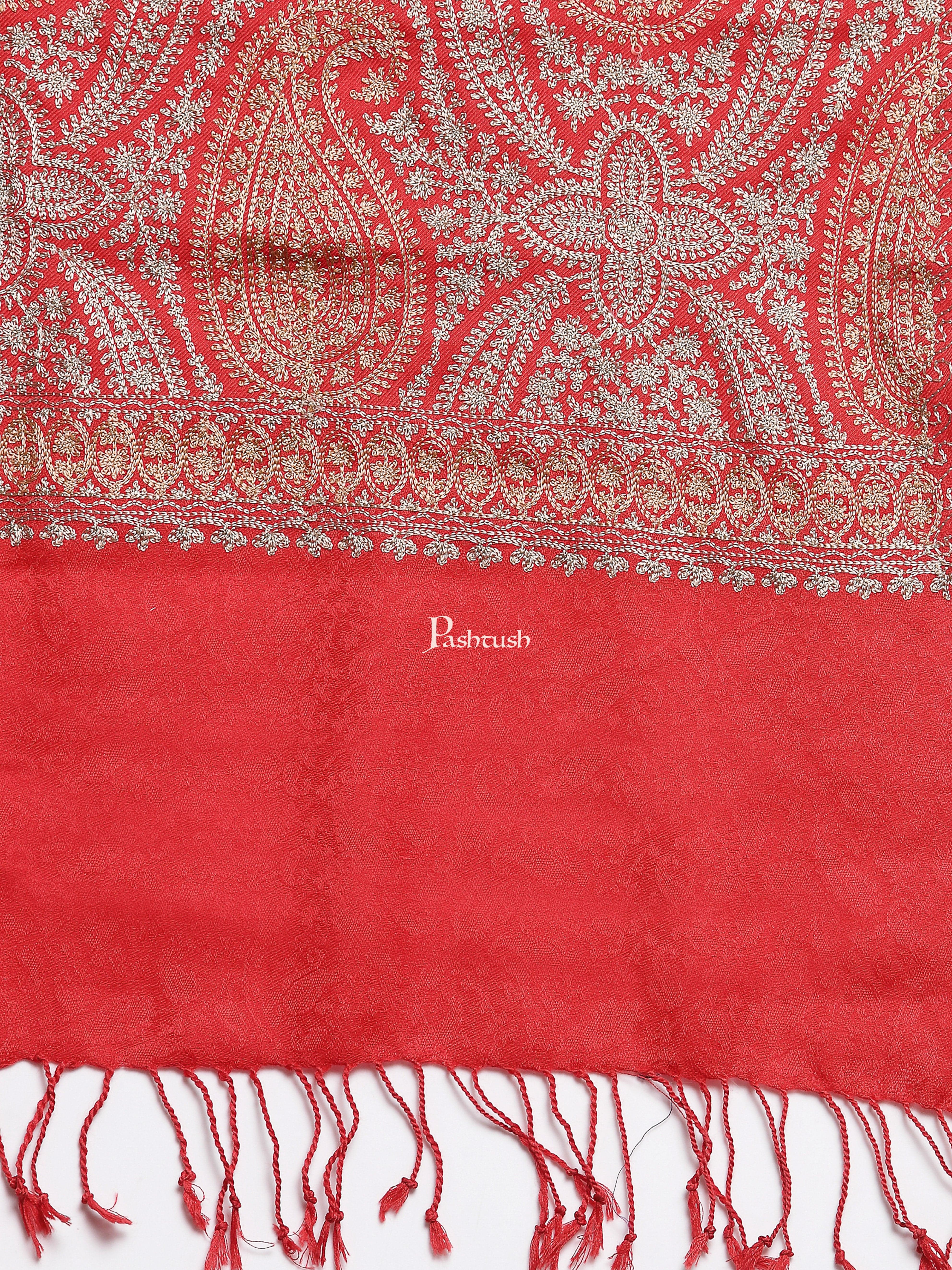 Pashtush Womens Fine Wool Stole, With Silky Nalki Embroidery, Self Weave, Crimson Red - Image 3