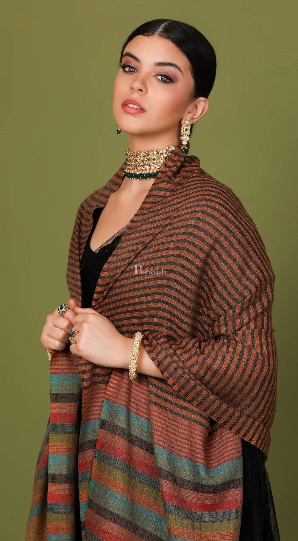 Pashtush Womens Extra Fine Wool, Striped Woven Scarf, Multicolored - Image 5
