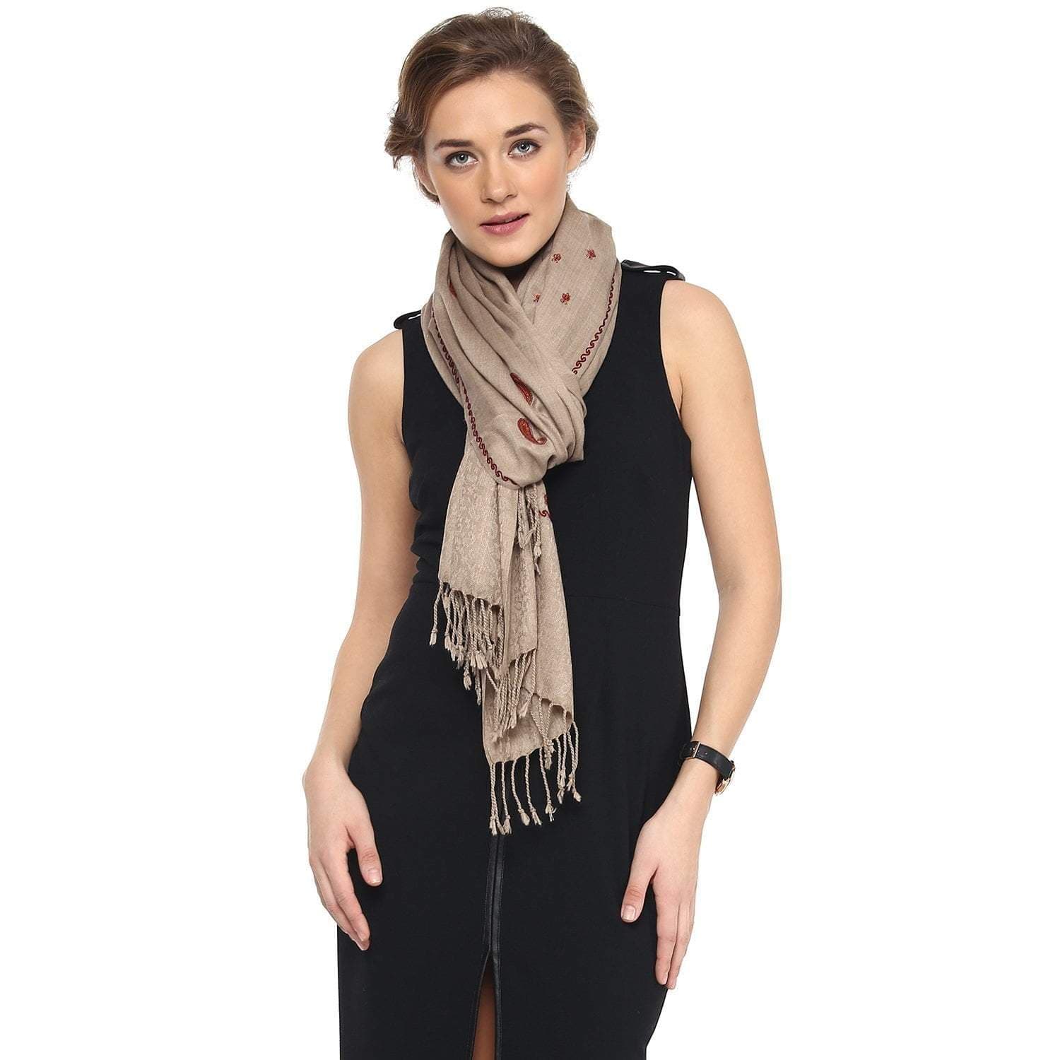 Pashtush Womens Fine Wool Embroidery Stole, Taupe - Image 3
