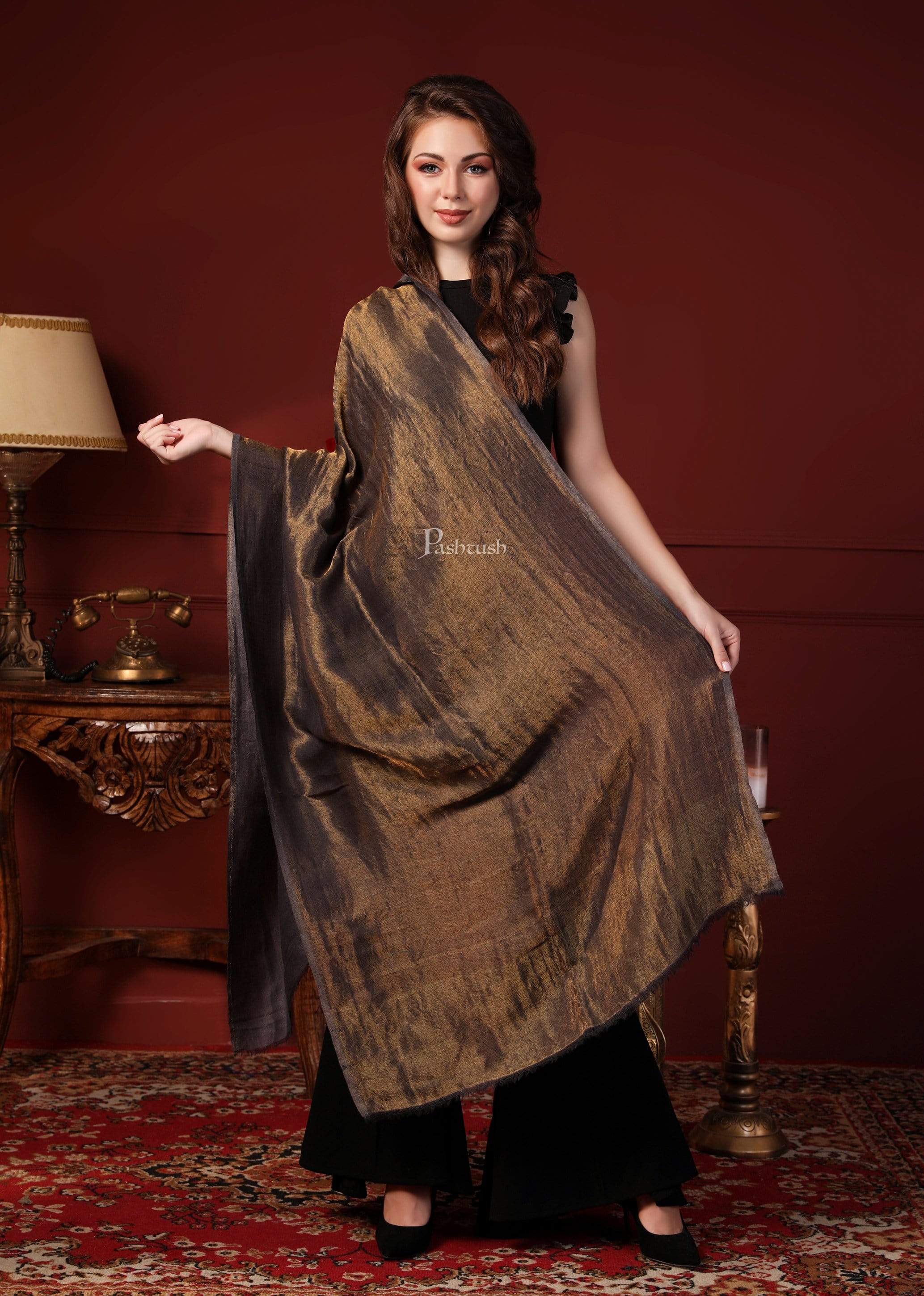 Pashtush Womens, Extra Fine Wool, Twilight Scarf, With Shimmery Zari Thread Weave,Black Gold - Image 5