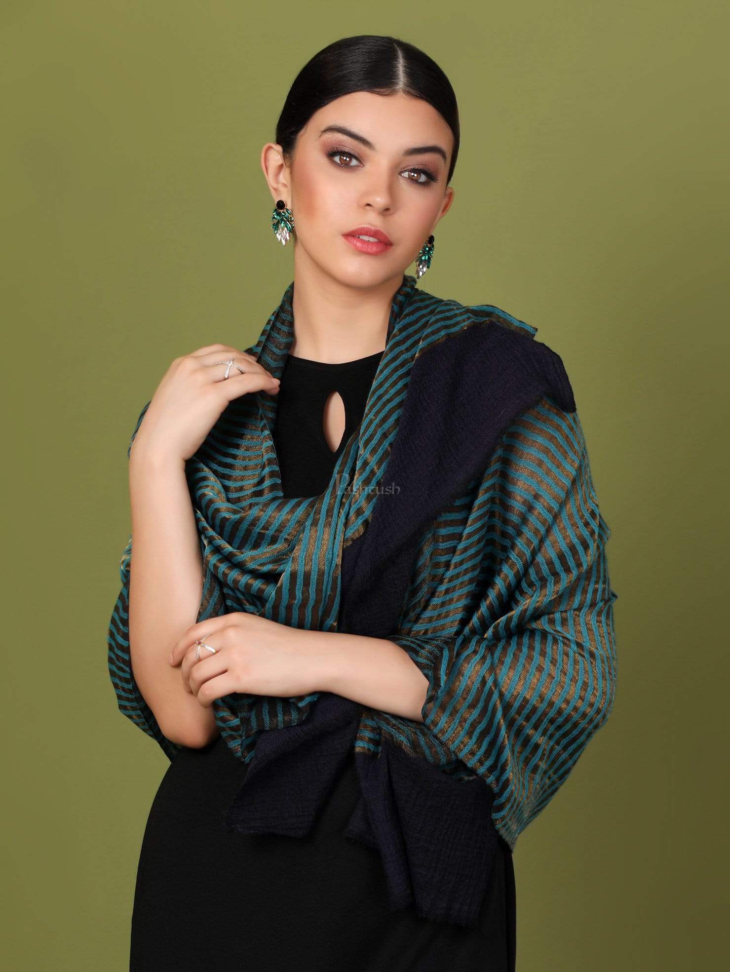 Pashtush Womens, Extra Fine Wool, Twilight Striped Scarf, With Shimmery Zari Thread Weave Blue - Image 5