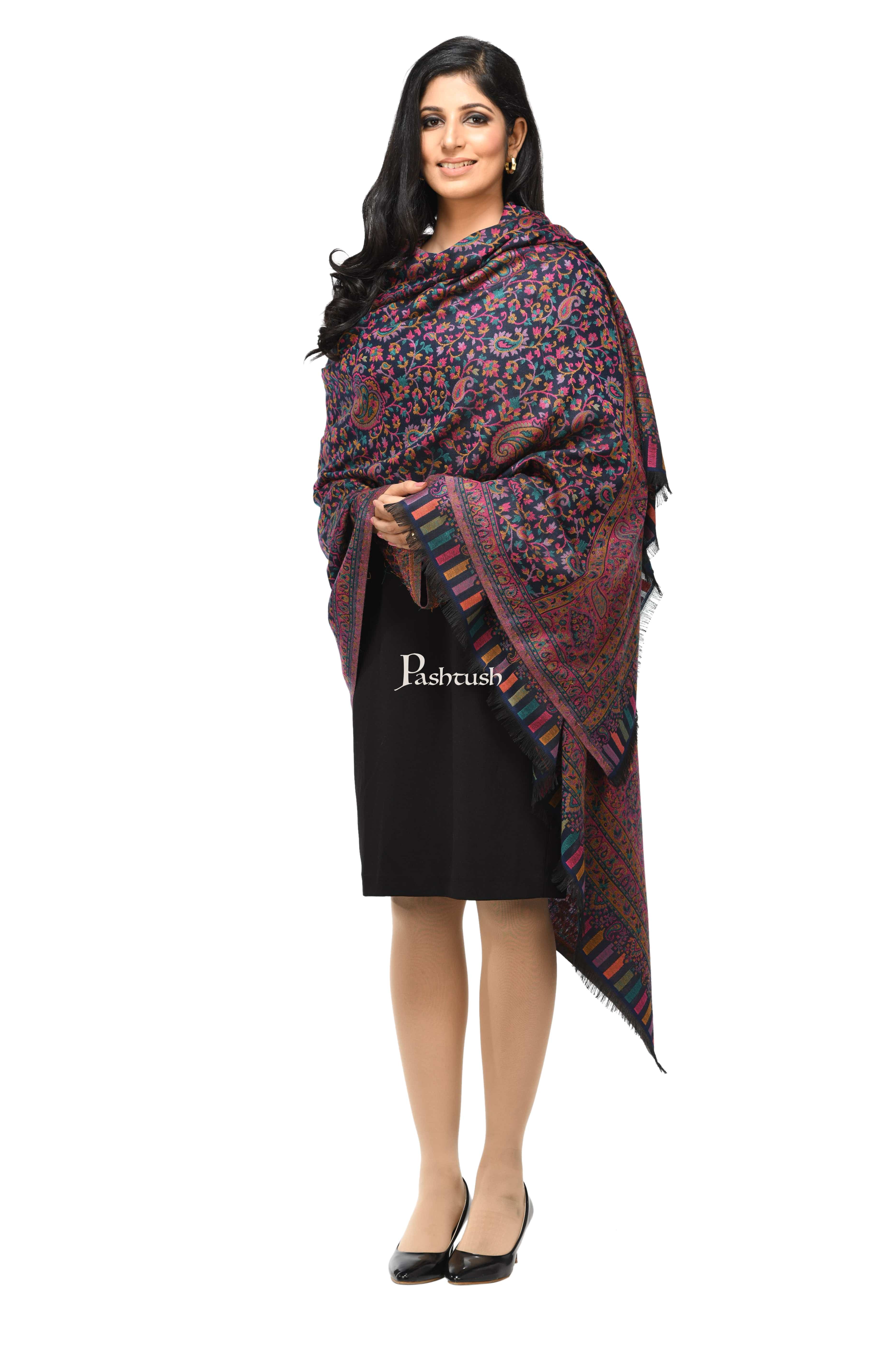 Pashwool Womens Ethnic Design Shawl, Light Weight, Soft And Warm, Navy Blue - Image 3