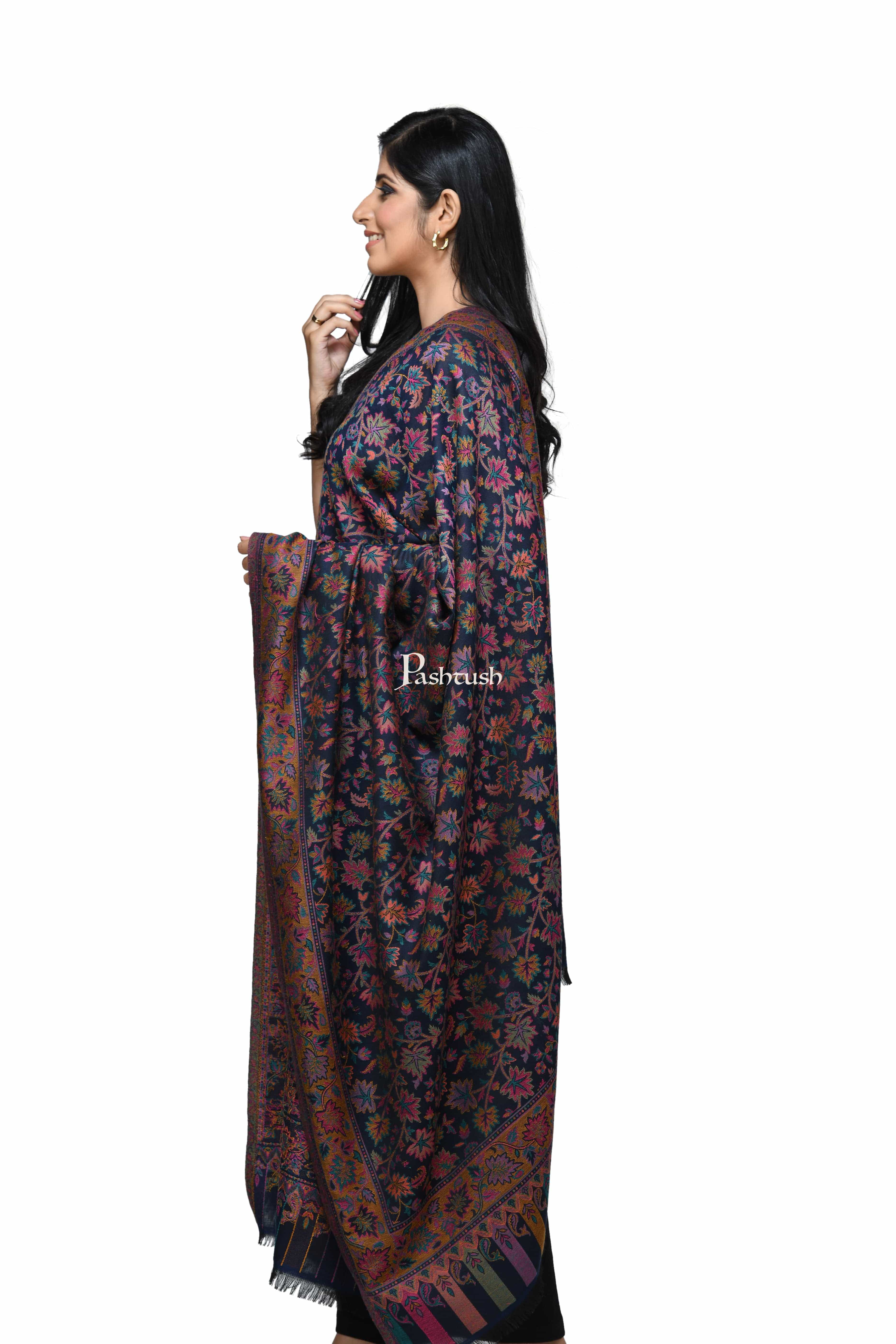 Pashwool Womens Ethnic Design Shawl, Light Weight, Soft And Warm , Navy Blue - Image 4