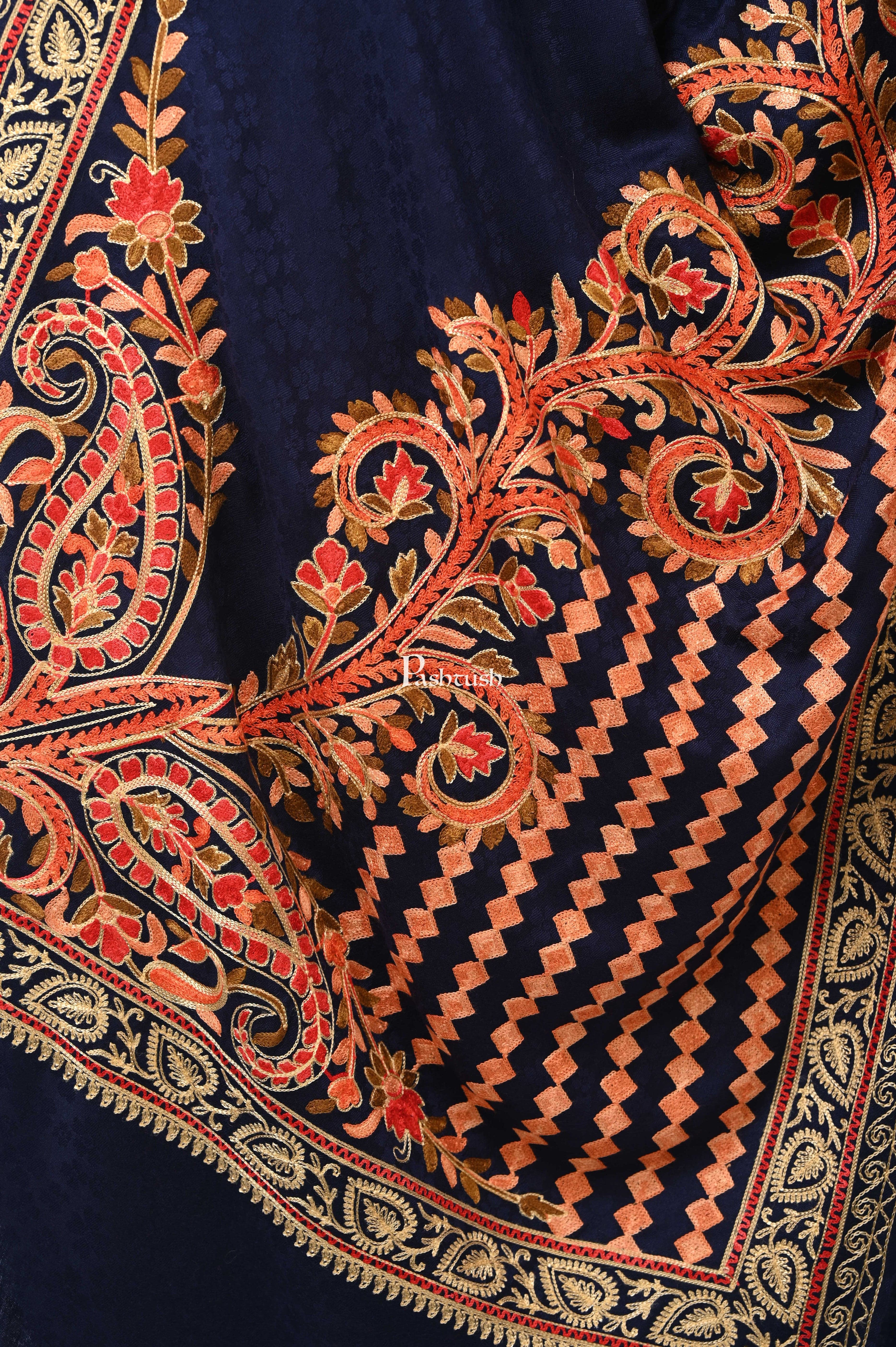 Pashwool, Womens Kashmiri Aari Embroidery Stole, Soft Bamboo, Blue - Image 2