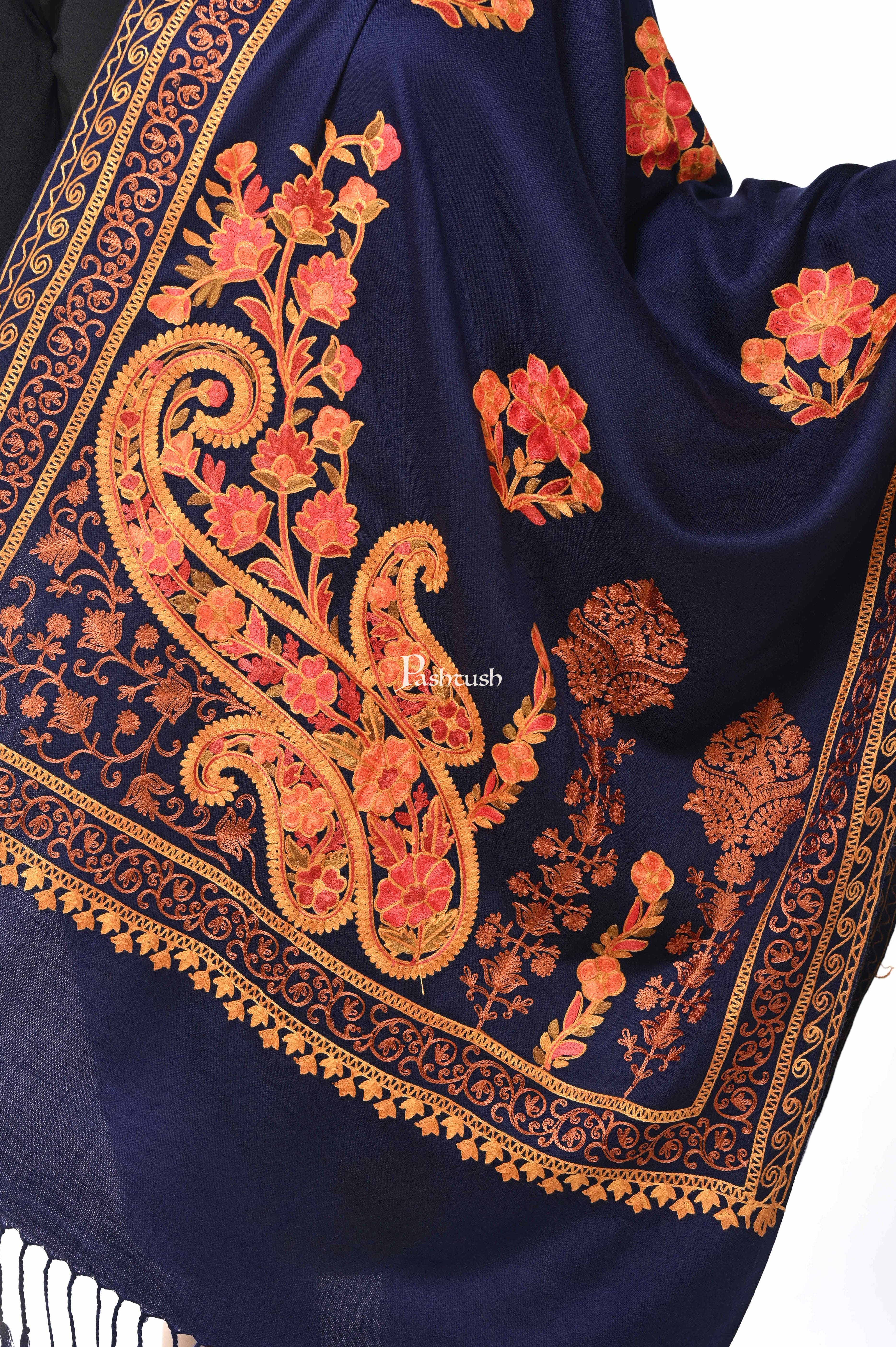 Pashwool, Womens Kashmiri Aari Embroidery Stole, Soft Bamboo, Navy Blue - Image 2