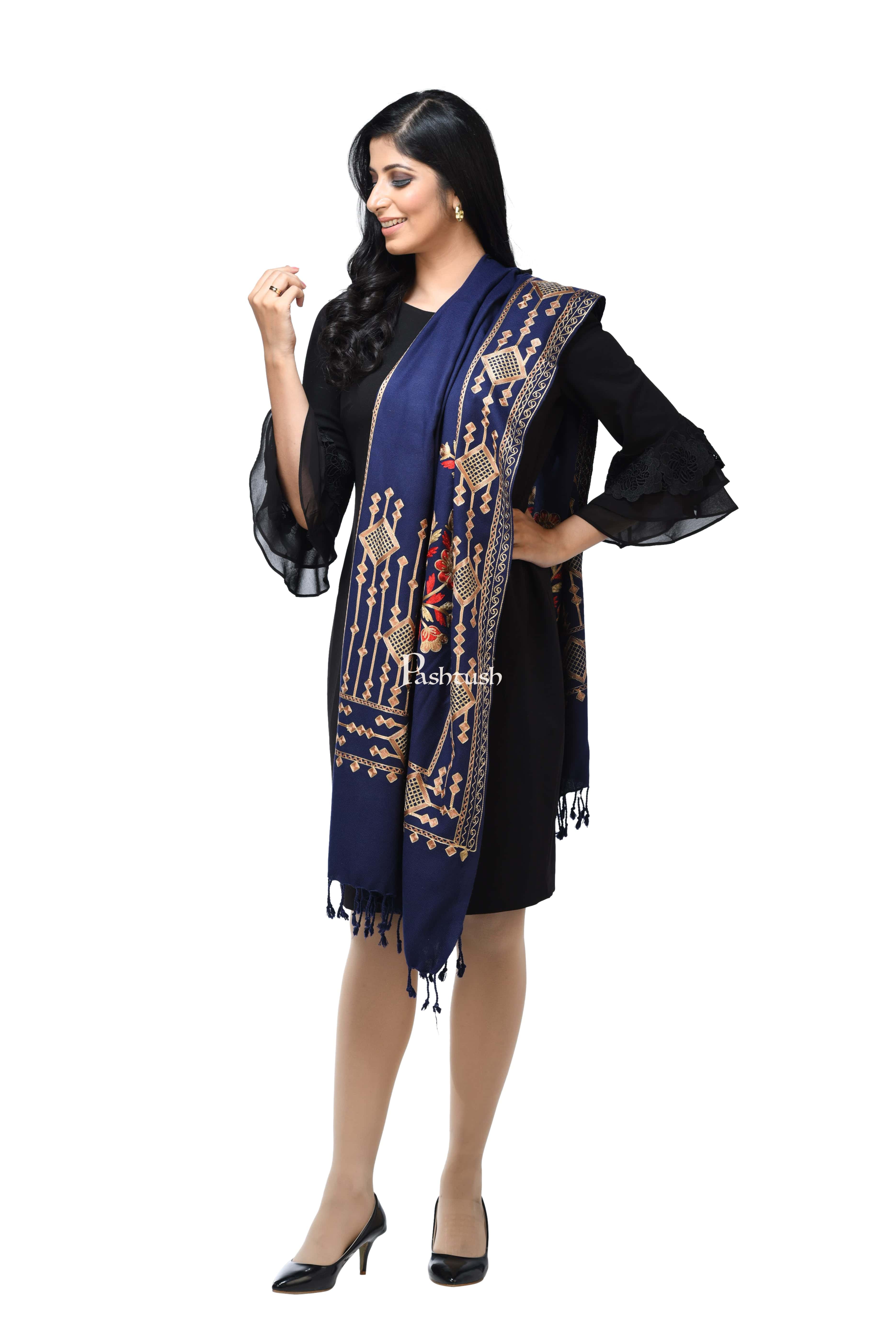 Pashwool Womens Kashmiri Embroidery Stole, Soft And Warm, Woollen Stole, Navy Blue - Image 3