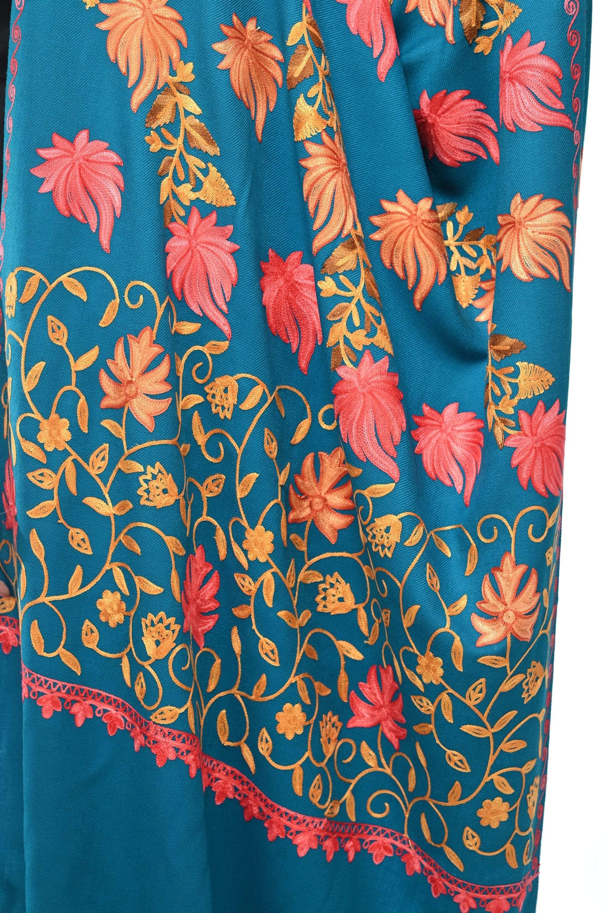 Pashwool Womens Kashmiri Embroidery Stole, Soft And Warm, Woollen Stole Arabic Sea Blue - Image 2