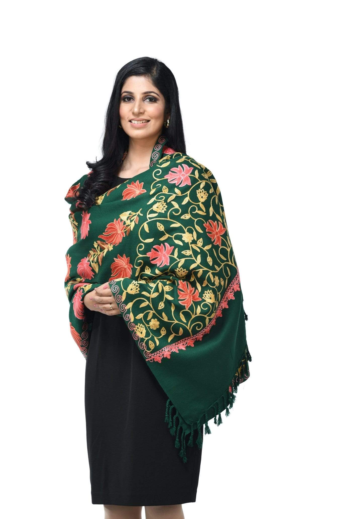 Pashwool Womens Kashmiri Embroidery Stole, Soft And Warm, Woollen Stole Bottle Green - Image 4