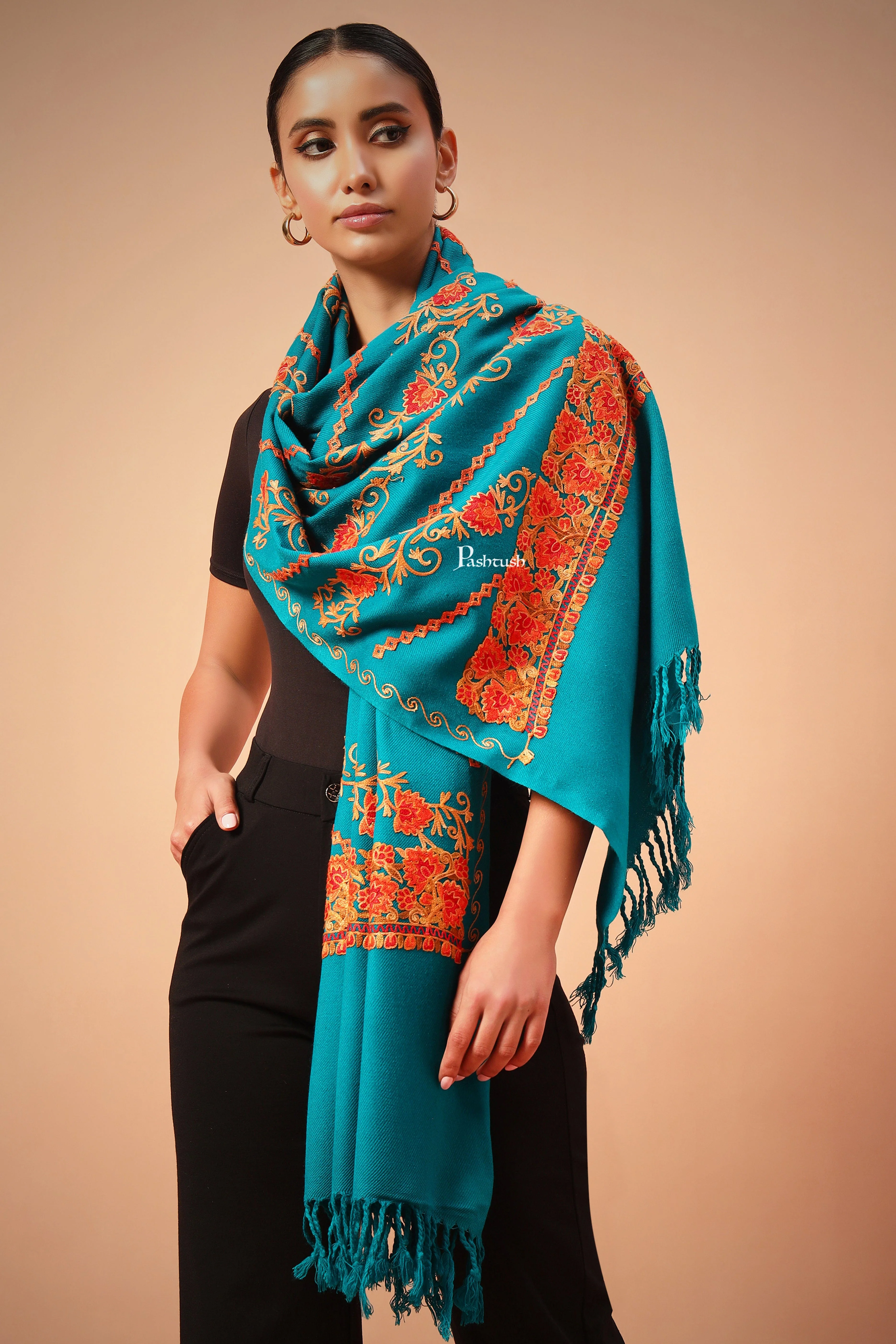 Pashwool Womens Kashmiri Embroidery Stole, Woollen Stole, Arabic Blue - Image 3