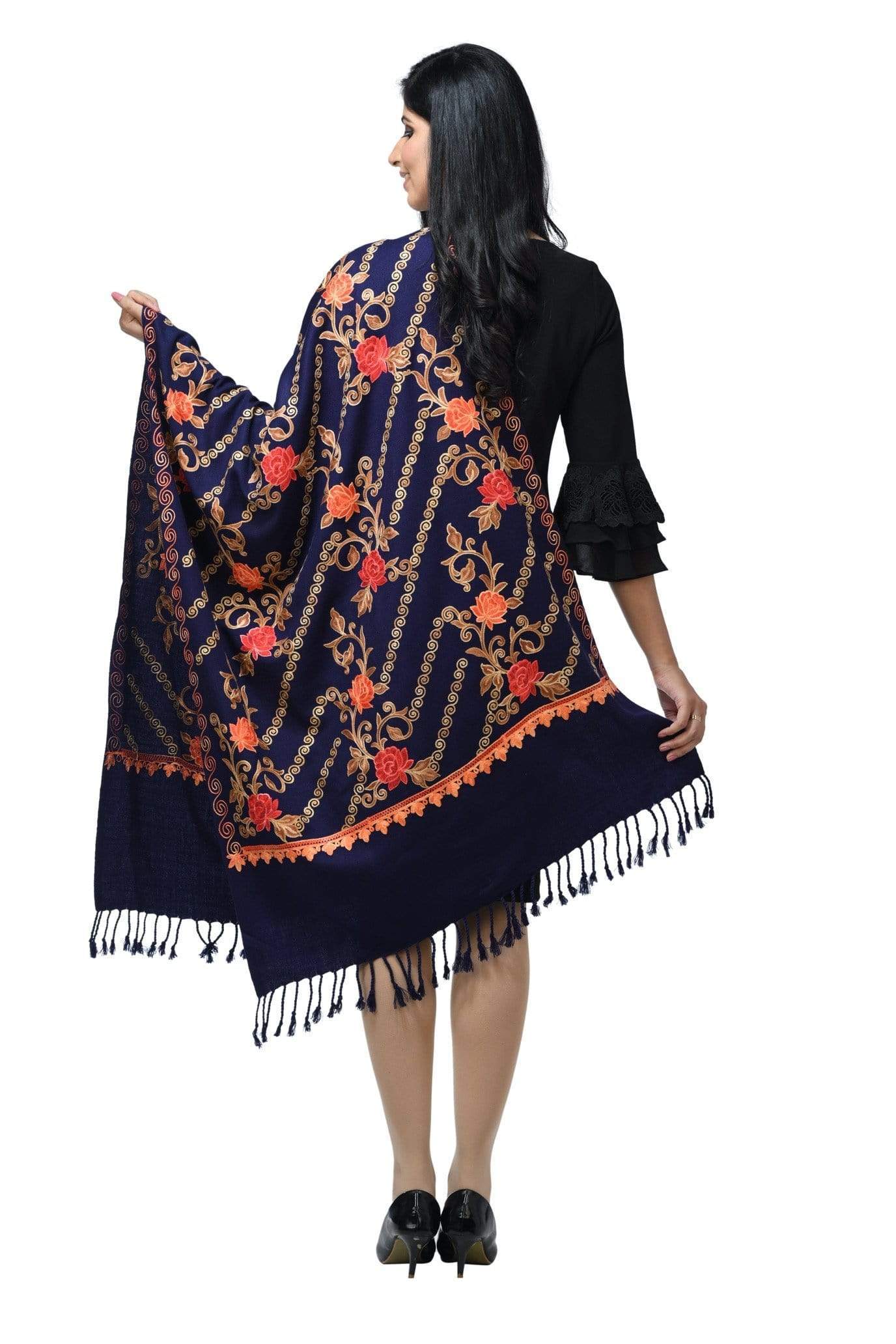 Pashwool Womens Kashmiri Embroidery Stole, Woollen Stole, Warm And Soft, Navy Blue - Image 3