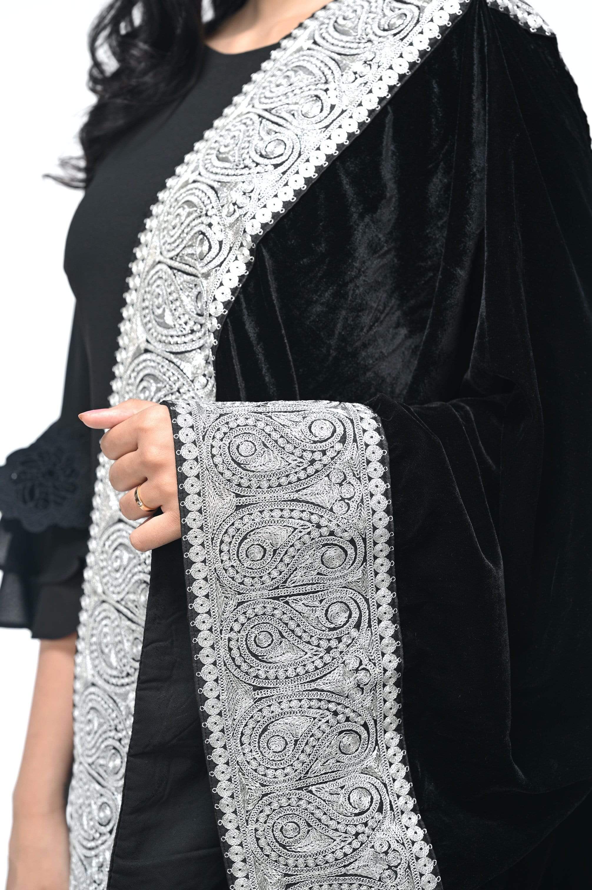 Pashwool Womens Velvet Shawl, With Zari Embroidery Border, Rich Black - Image 2