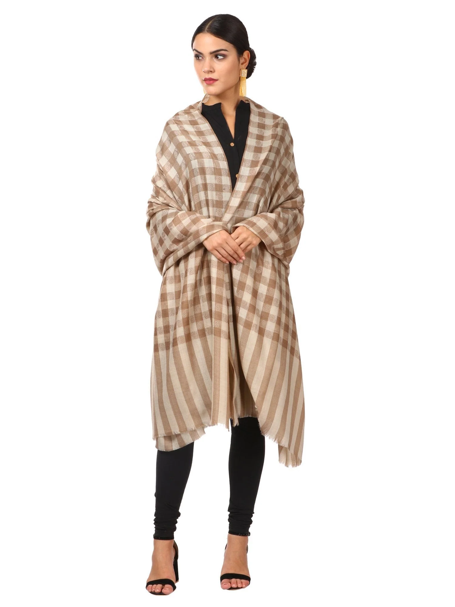 Pashtush Womens Extra Fine Wool Shawl, Checkered, Soft And Warm (Taupe) - Image 7