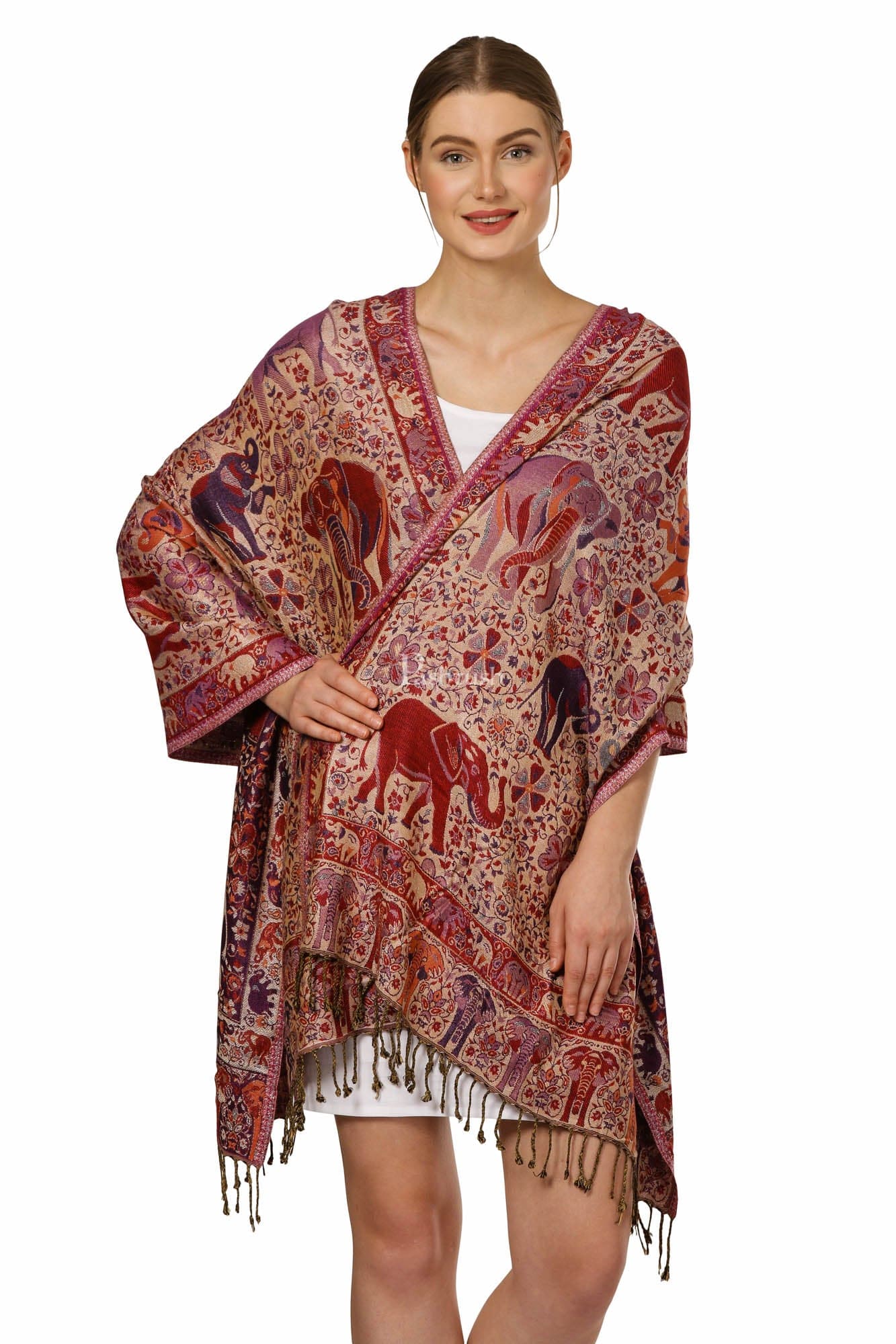 Pashtush Womens Fine Bamboo Reversible Elephants Tribal Scarf, Multicolour - Image 2