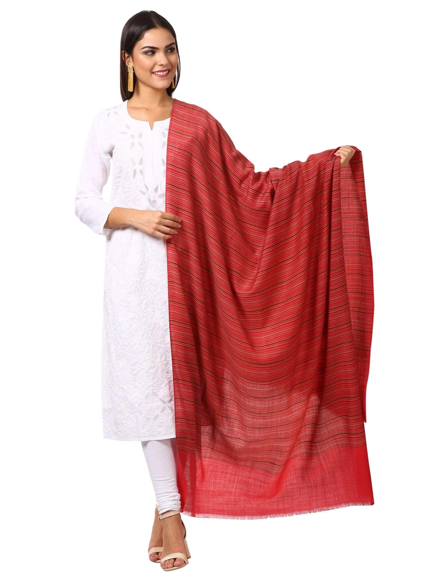 Pashtush Women'S Fine Wool Striped Shawl, Australian Merino Wool - Scarlet Red - Image 3