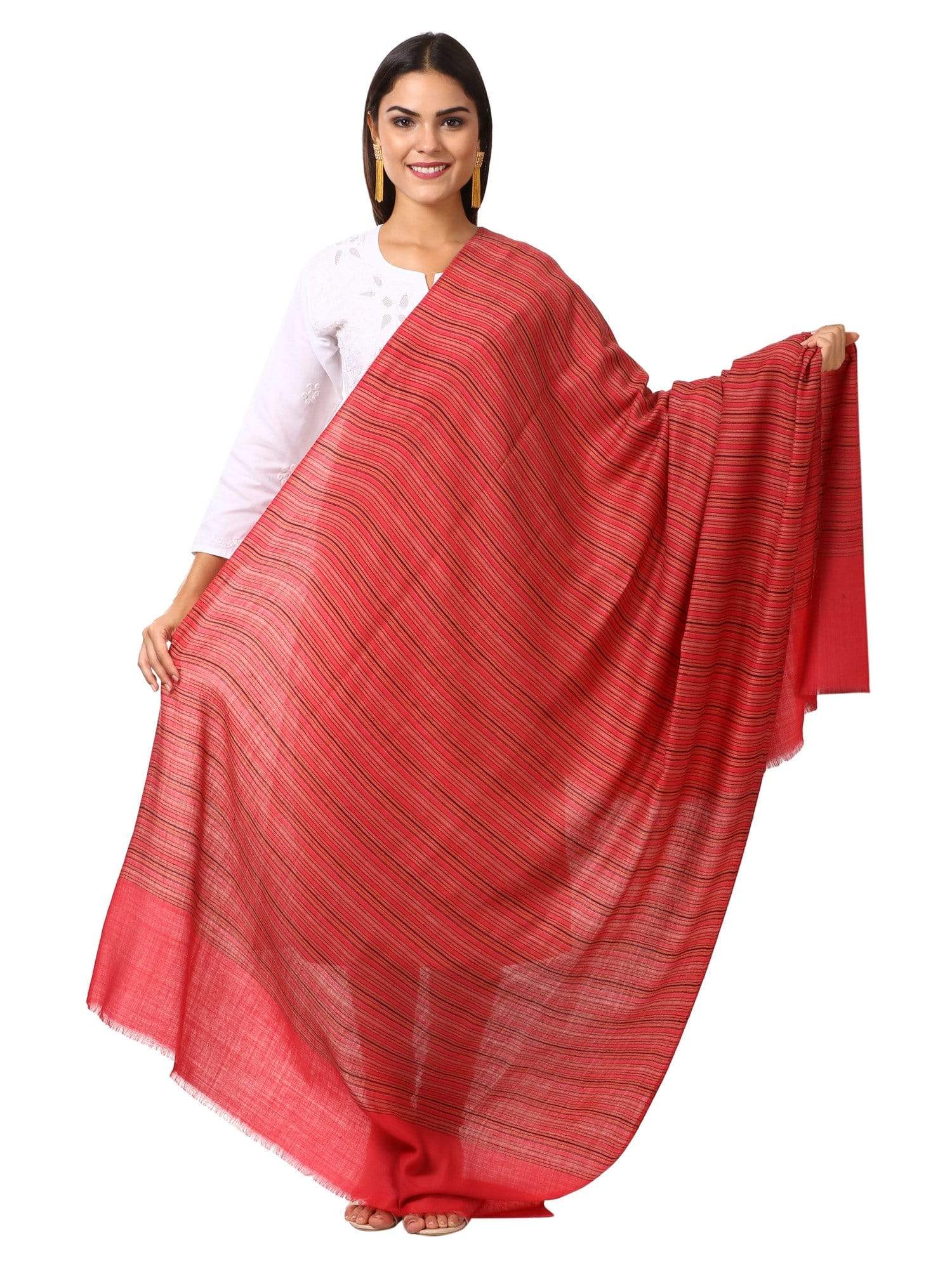 Pashtush Women'S Fine Wool Striped Shawl, Australian Merino Wool - Scarlet Red - Image 5