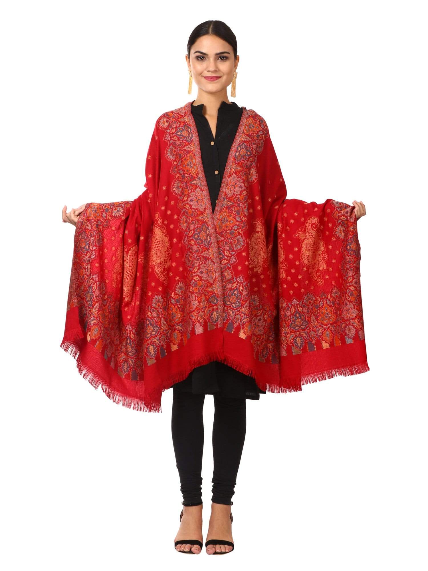 Pashtush Womens Jamawar Shawl, Soft Faux Pashmina Red - Image 3