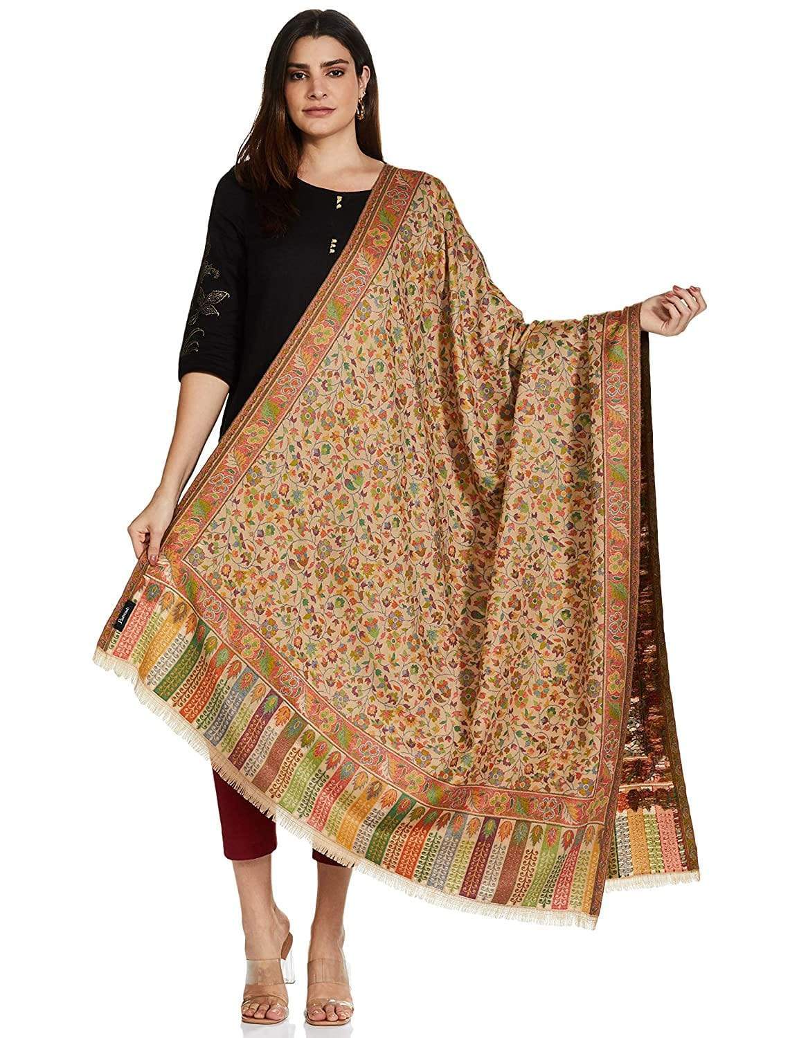 Pashtush Womens Ethnic Shawl, Faux Pashmina, Soft And Warm, Beige - Image 7
