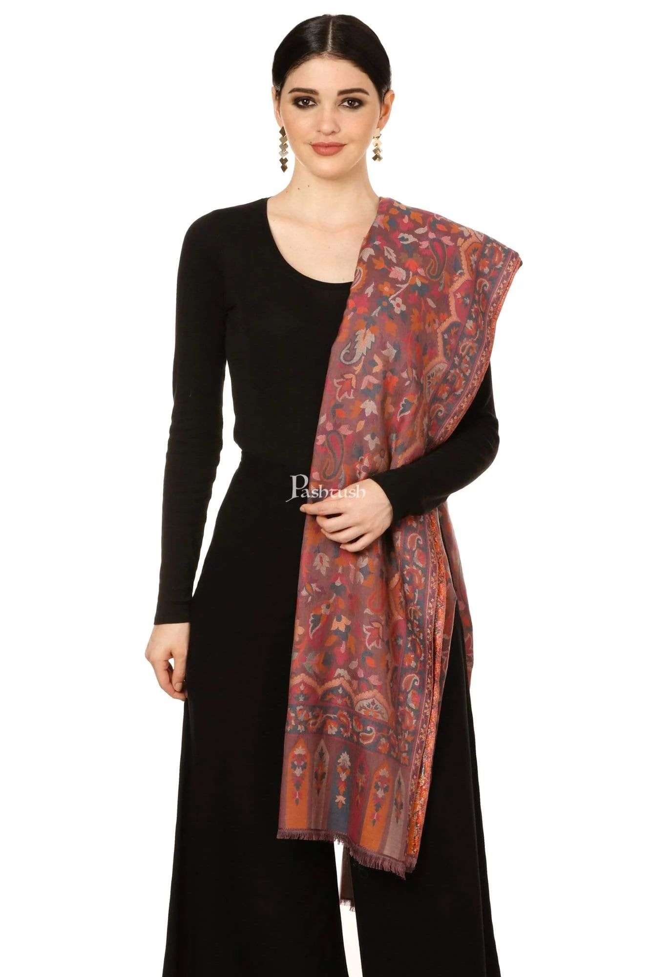 Pashtush Womens Ethnic Shawl, Faux Pashmina, Soft And Warm, Dusky Fawn Maroon - Image 2
