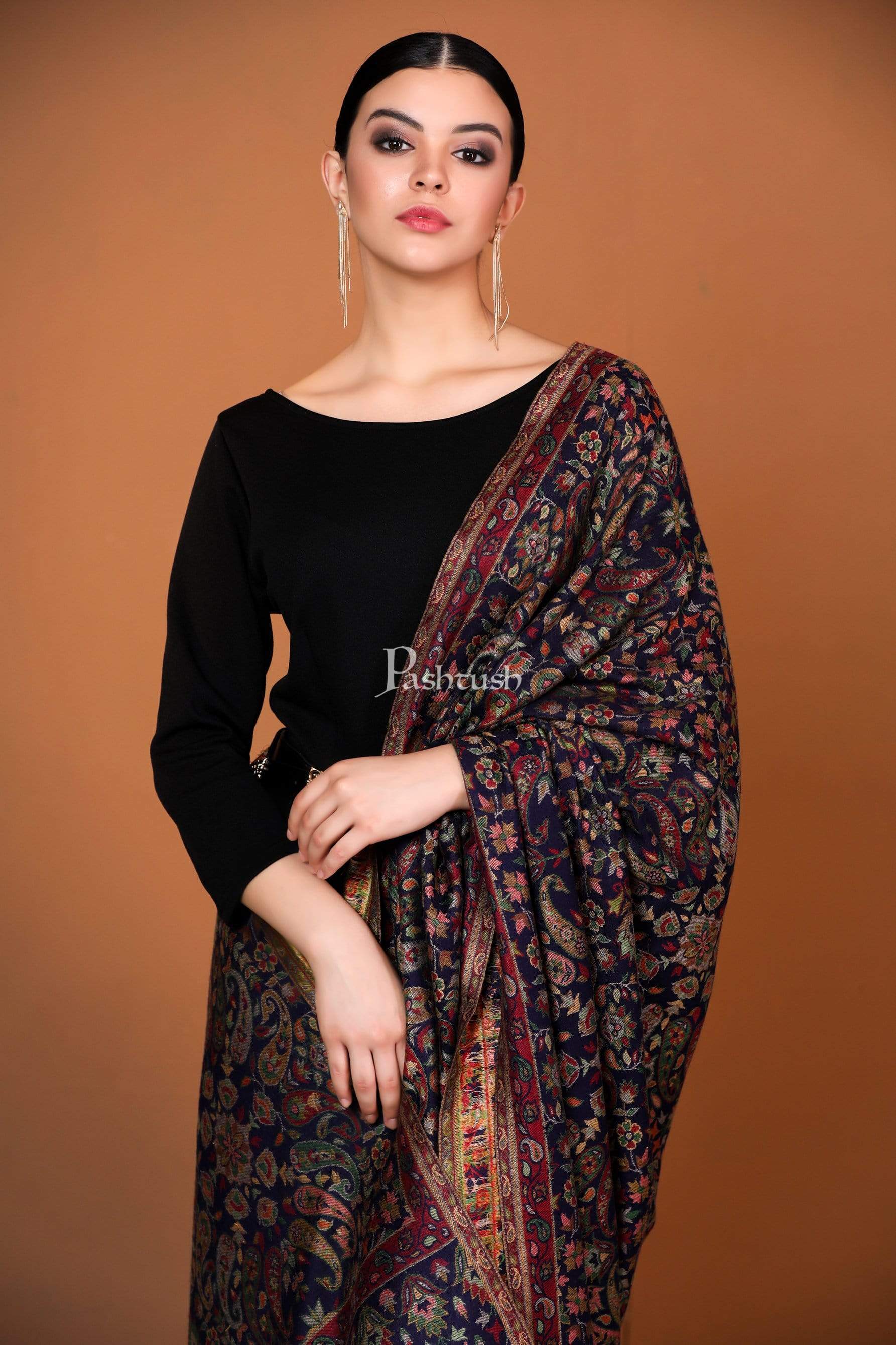 Pashtush Womens Ethnic Stole, Faux Pashmina, Soft And Warm, Navy Blue Blue - Image 9