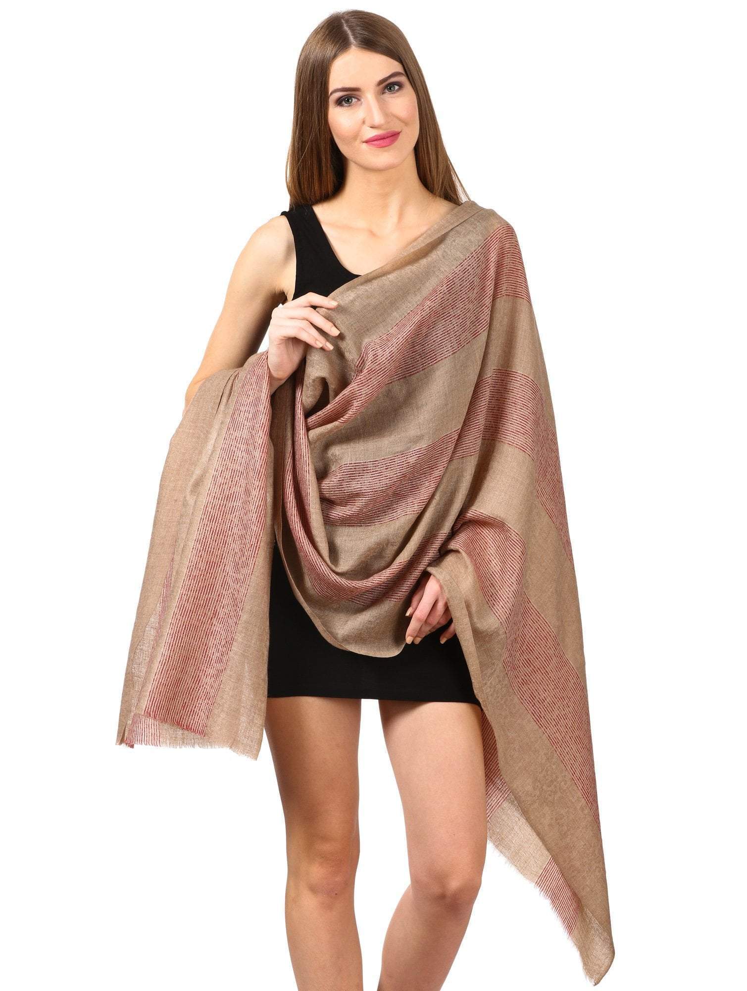 Pashtush Women'S Reversible Stole, With Stripes, Wool  (Maroon) Beige - Image 3