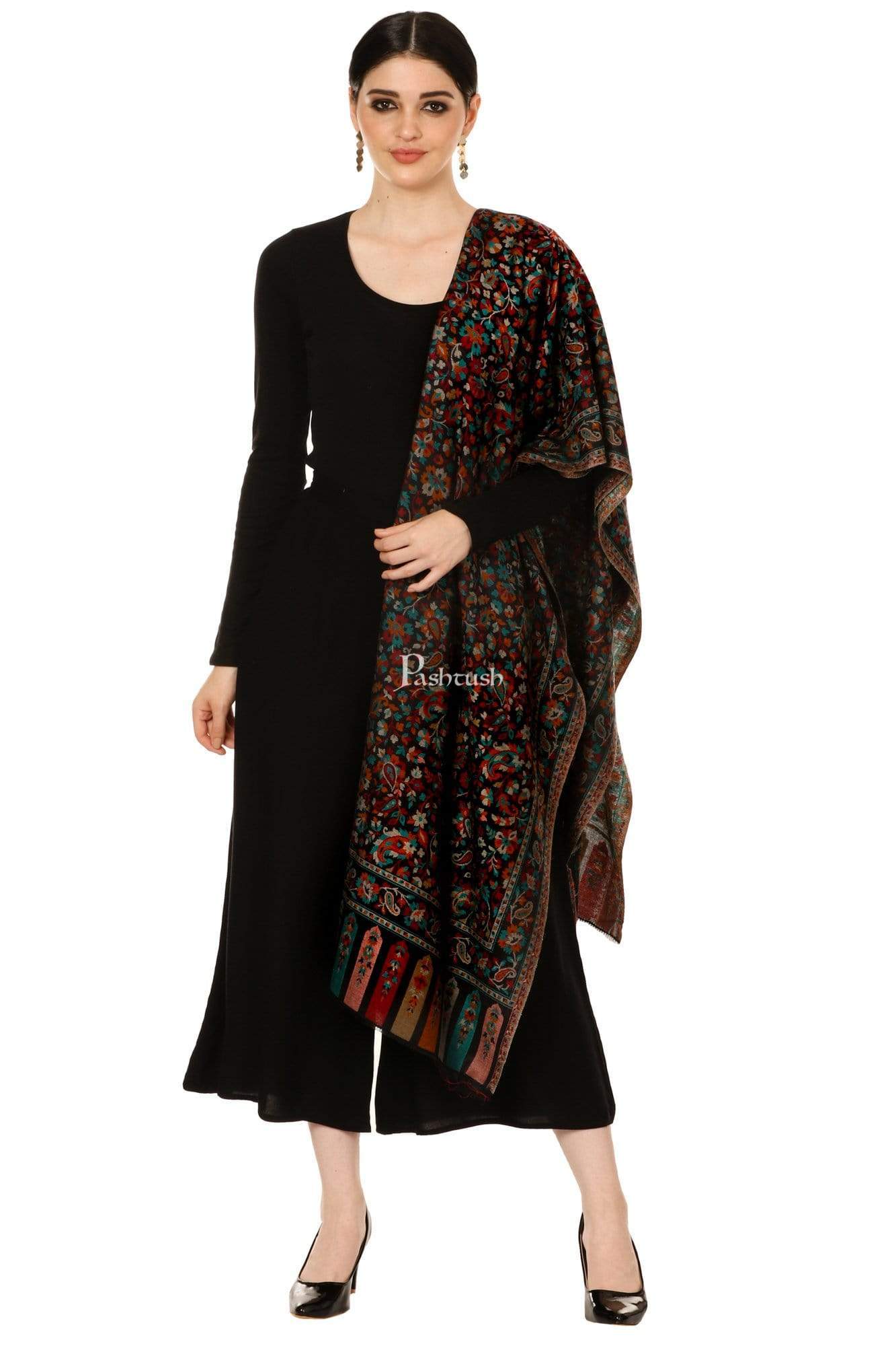 Pashtush Womens Ethnic Shawl, Faux Pashmina Shawl, Soft And Warm (Black) - Image 3